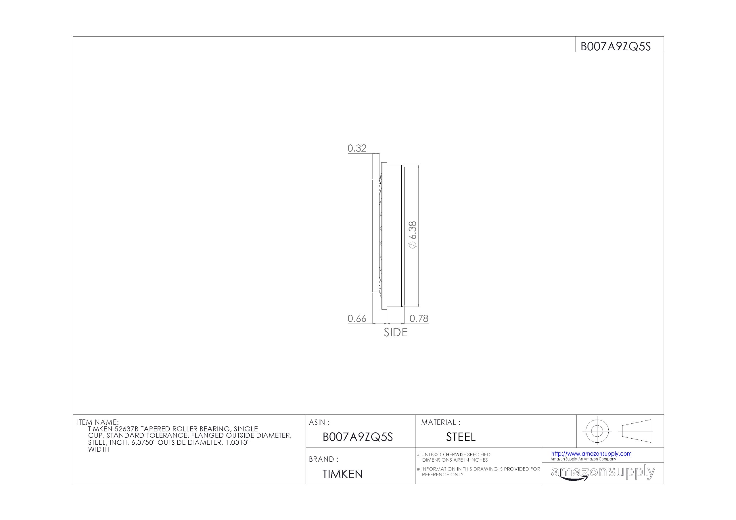 Timken 52637B Flanged Tapered Roller Bearing - Single Cup, Steel Construction, 6.375