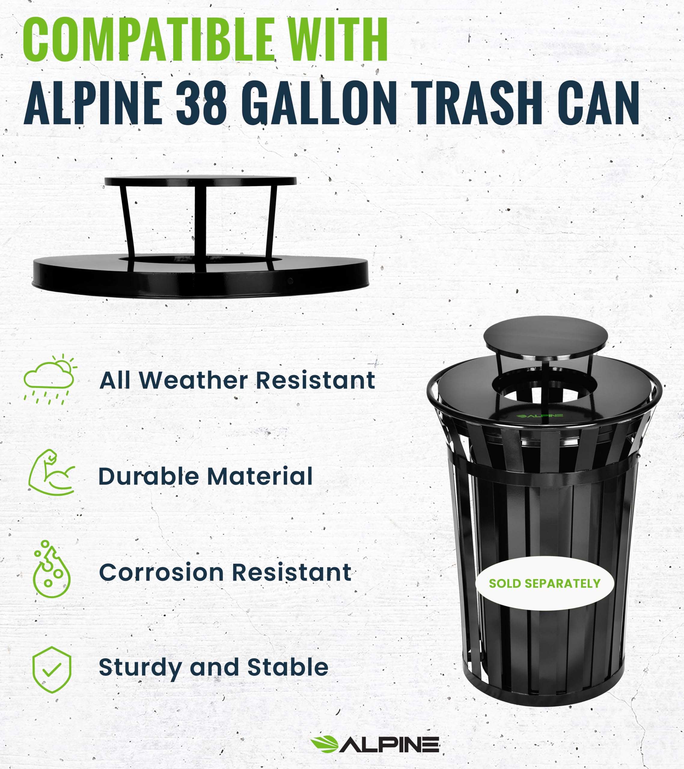 Alpine Commercial Outdoor Trash Can Lid - Durable Weatherproof Round Metal Garbage Can Cover for Rain Protection | Perfect for Parks, Restaurants & Outdoor Spaces