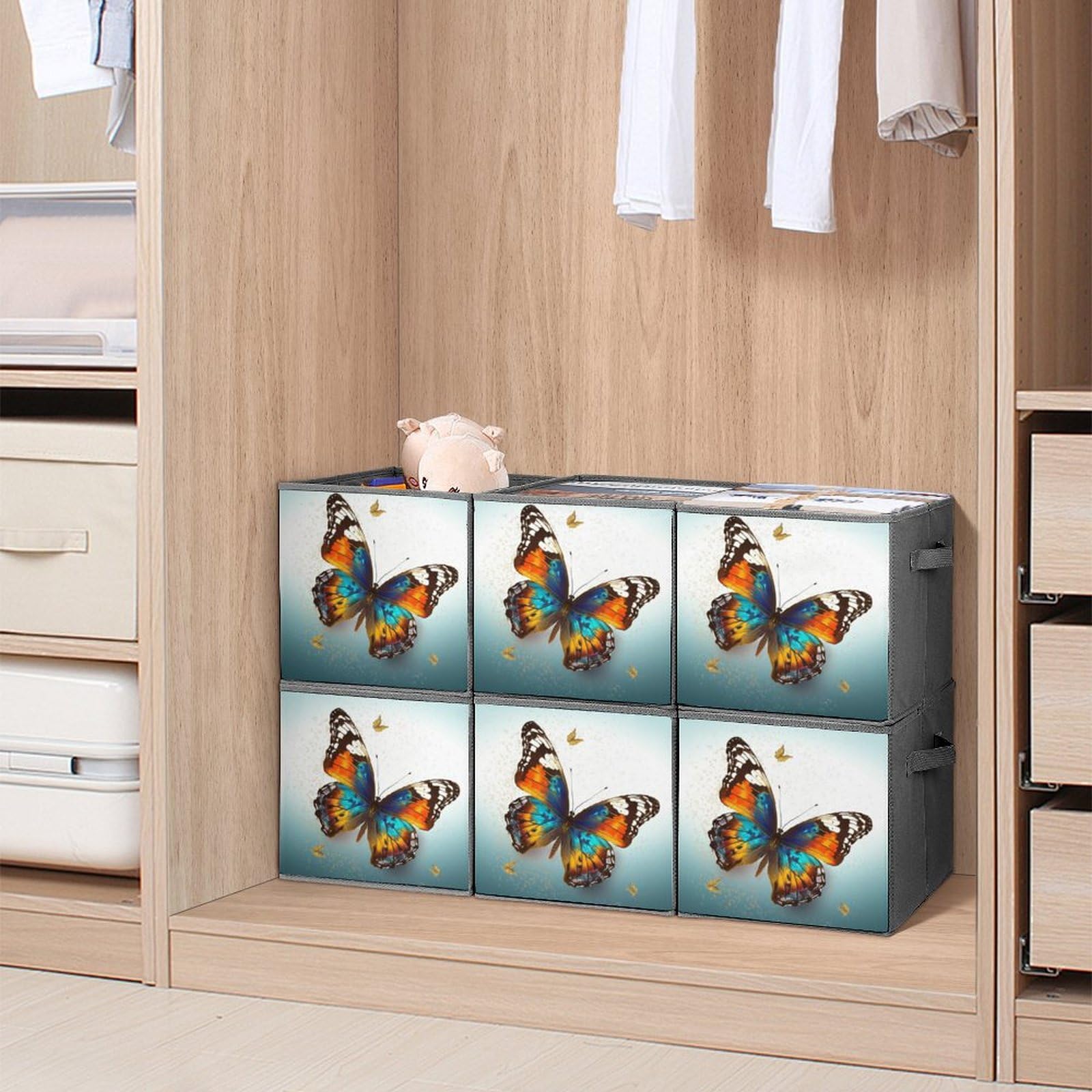 6-Pack Collapsible Butterfly Storage Bins with Handles - Large Fabric Storage Baskets for Closet, Bedroom & Home Organization - Perfect for Clothes, Toys, Blankets & Household Items Storage