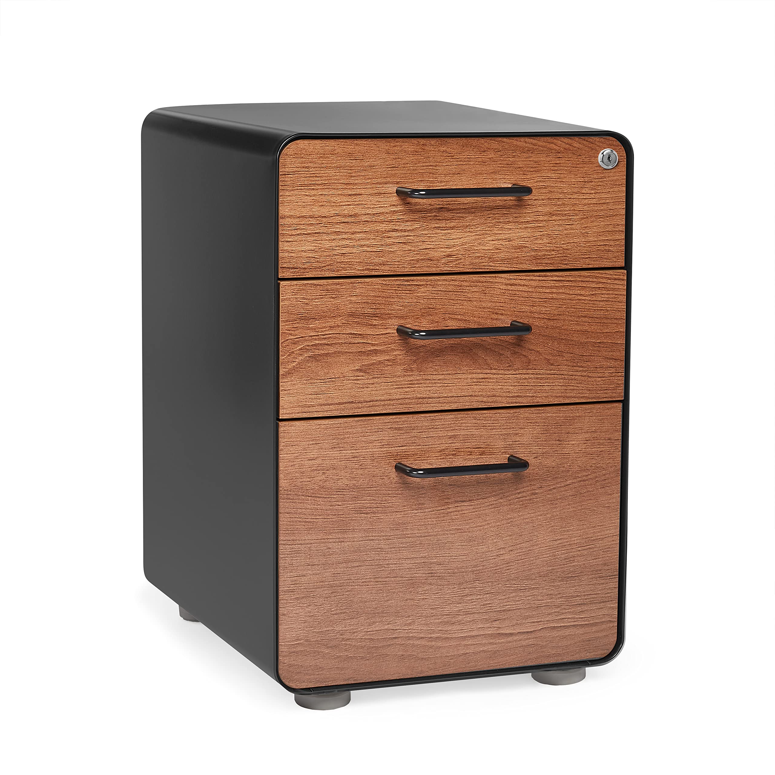 Poppin Stow 3-Drawer File Cabinet in Black & Walnut - Steel Office Storage with 2 Utility Drawers & 1 Hanging File Drawer, Powder-Coated, Fully Painted Interior/Exterior, Includes 2 Keys - Perfect for Home Office, Workspace Organization & Document Storage