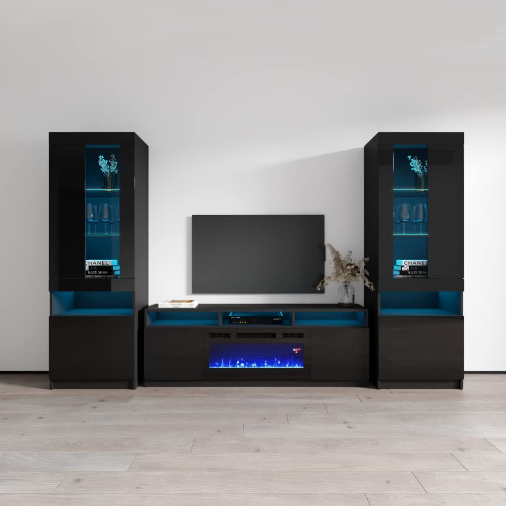 Reno 05 Electric Fireplace TV Stand with LED Lights - Modern Entertainment Center Console for Living Room & Bedroom - Komi Bookcase Included - Black - Perfect for Cozy Movie Nights & Stylish Home Decor