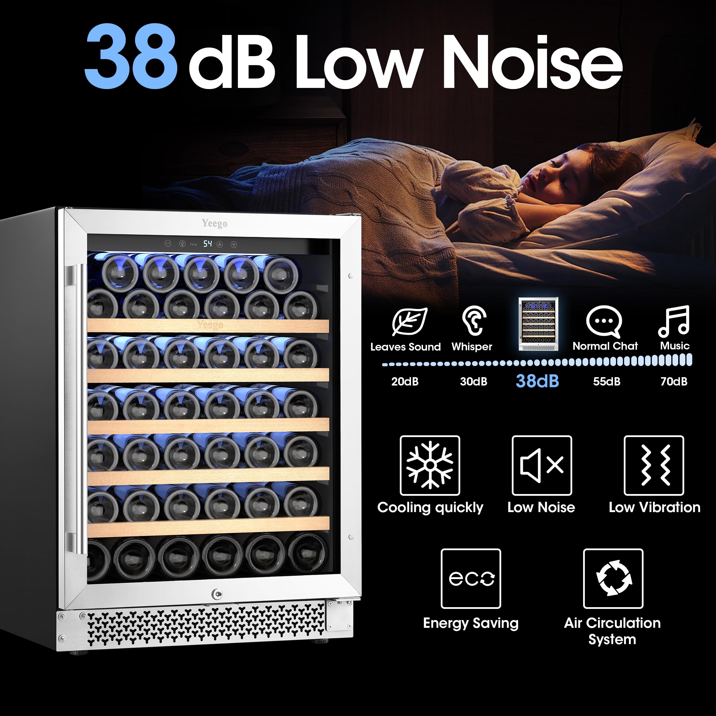 24 Inch Wine Cooler Refrigerator - 52 Bottle Capacity, Upgraded Compressor for Consistent Temperature, Low Noise & Fast Cooling, No Fog Design - Perfect for Home Bars, Restaurants, and Wine Cellars