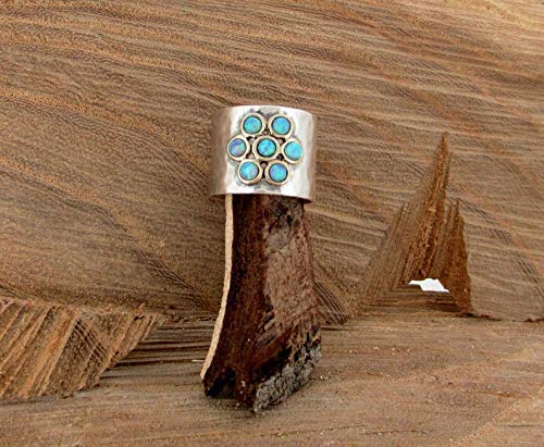 Blue Opal Flower Ring – 9K Gold & Silver Gemstone Wedding Band – Unique Chunky Women's Jewelry for Engagement, Anniversary & Special Occasions
