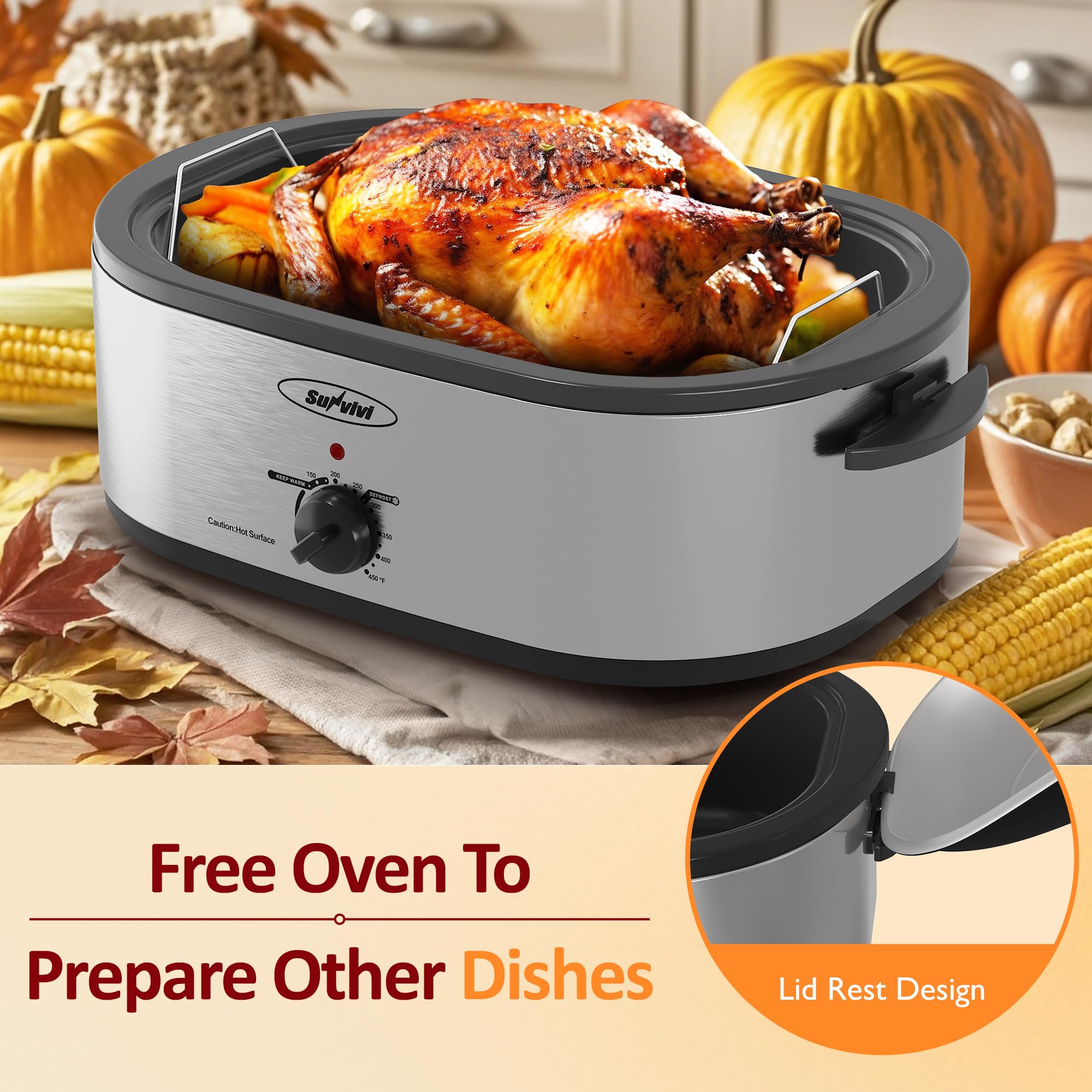 Sunvivi 20 Quart Electric Roaster Oven with Lid - Large Turkey Roaster with Removable Pan, Self-Basting Lid, Fast Heating & Thaw/Warming Setting - Perfect for Thanksgiving, Holiday Cooking, and Family Gatherings (Silver)