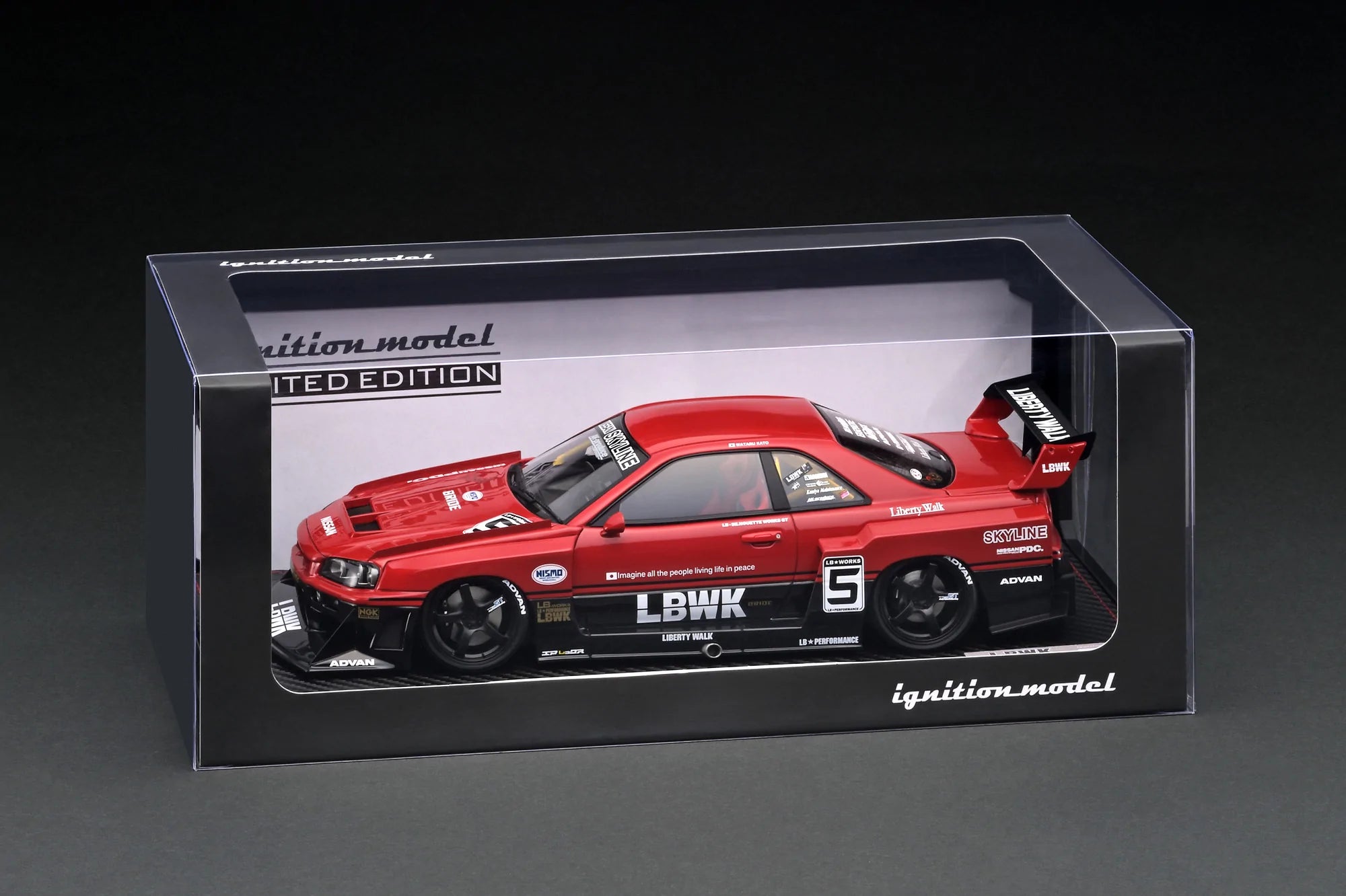 1:18 Scale Nissan Skyline ER34 LBWK Super Silhouette Diecast Model Car - Red & Black with Detailed Engine Display - Perfect for Collectors & Racing Enthusiasts