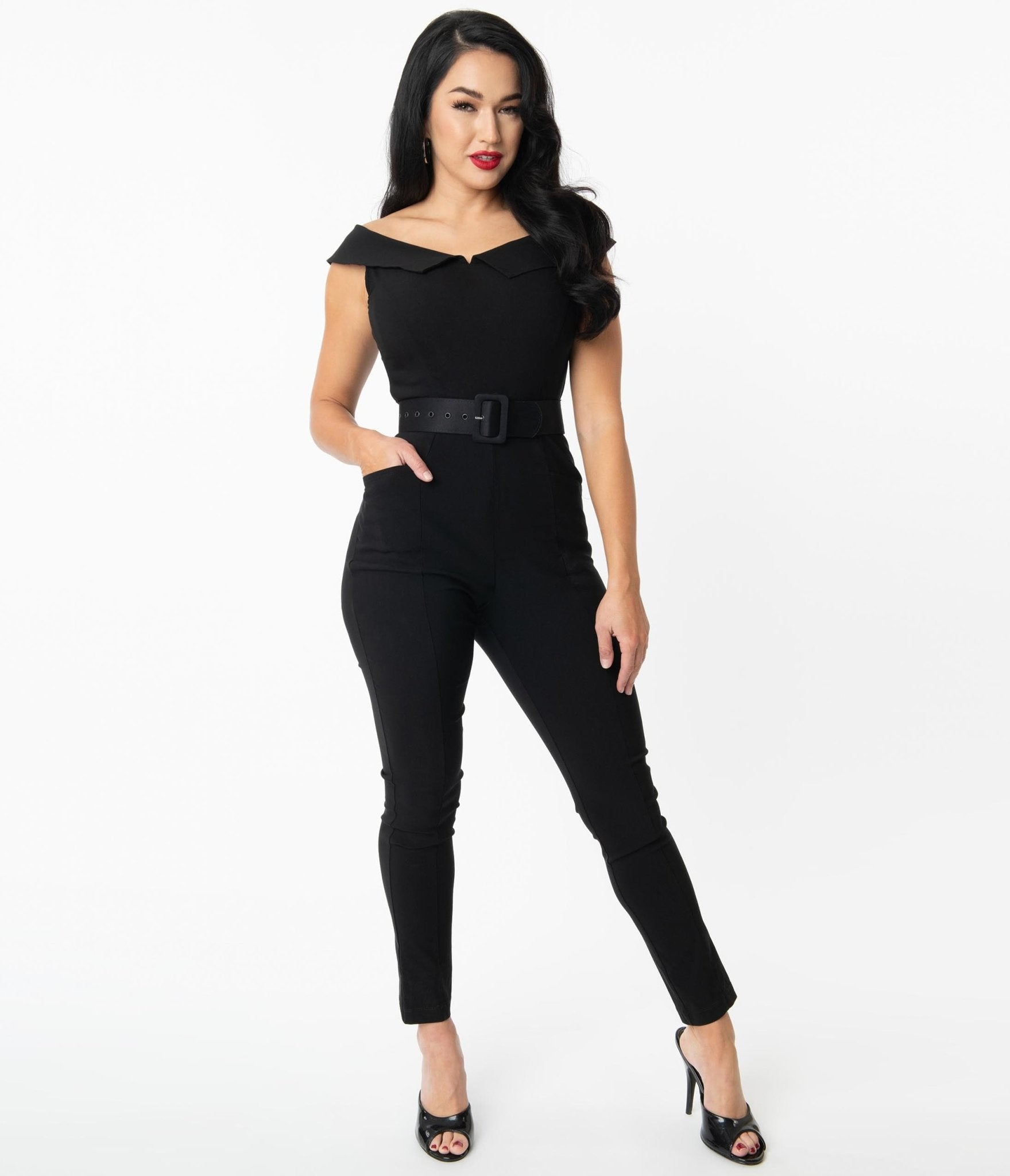 Vintage Black Off Shoulder Gillian Jumpsuit for Women - Retro Chic Romper with Ruffles & Belt | Perfect for Date Night, Parties & Summer Outfits