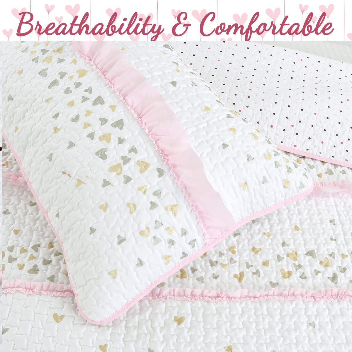 Pink Ruffle Metallic Printed Hearts Reversible Quilt Bedding Set - 3 Piece Queen Size (1 Quilt + 2 Shams) | Cozy Line Home Fashions | Soft Cotton Coverlet & Bedspread | Perfect for Girls' Bedroom, Nursery Decor or Valentine's Day Gift