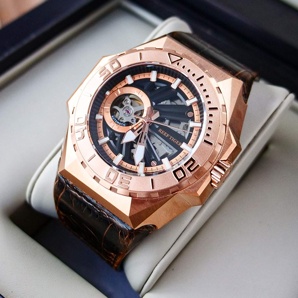 REEF TIGER Men's Skeleton Automatic Diving Watch - Military Style Mechanical Watch with Leather Strap RGA6903-S - Perfect for Scuba Diving, Outdoor Adventures & Formal Occasions