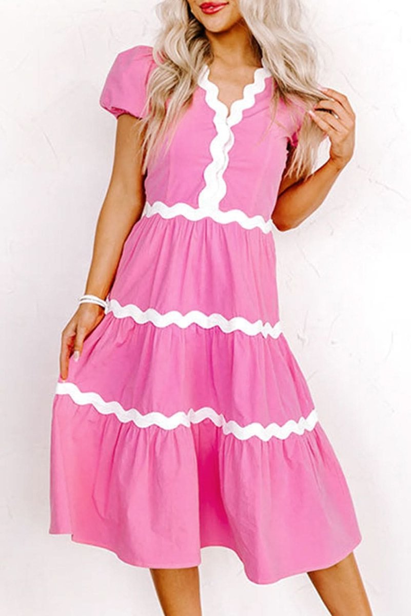 Bonbon Ric Rac Trim Short Puff Sleeve Flowy Midi Dress - Elegant Summer Dress for Women, Perfect for Beach Vacations, Garden Parties & Date Nights