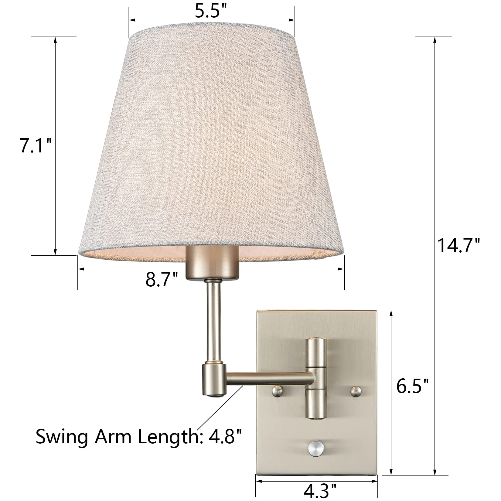 Plug-in Swing Arm Wall Sconce Set of 2 - Brushed Nickel Wall Lamp with Grey Fabric Shade & On/Off Switch for Bedroom, Living Room, Hallway - Perfect for Reading Nook, Nightstand Lighting & Home Decor