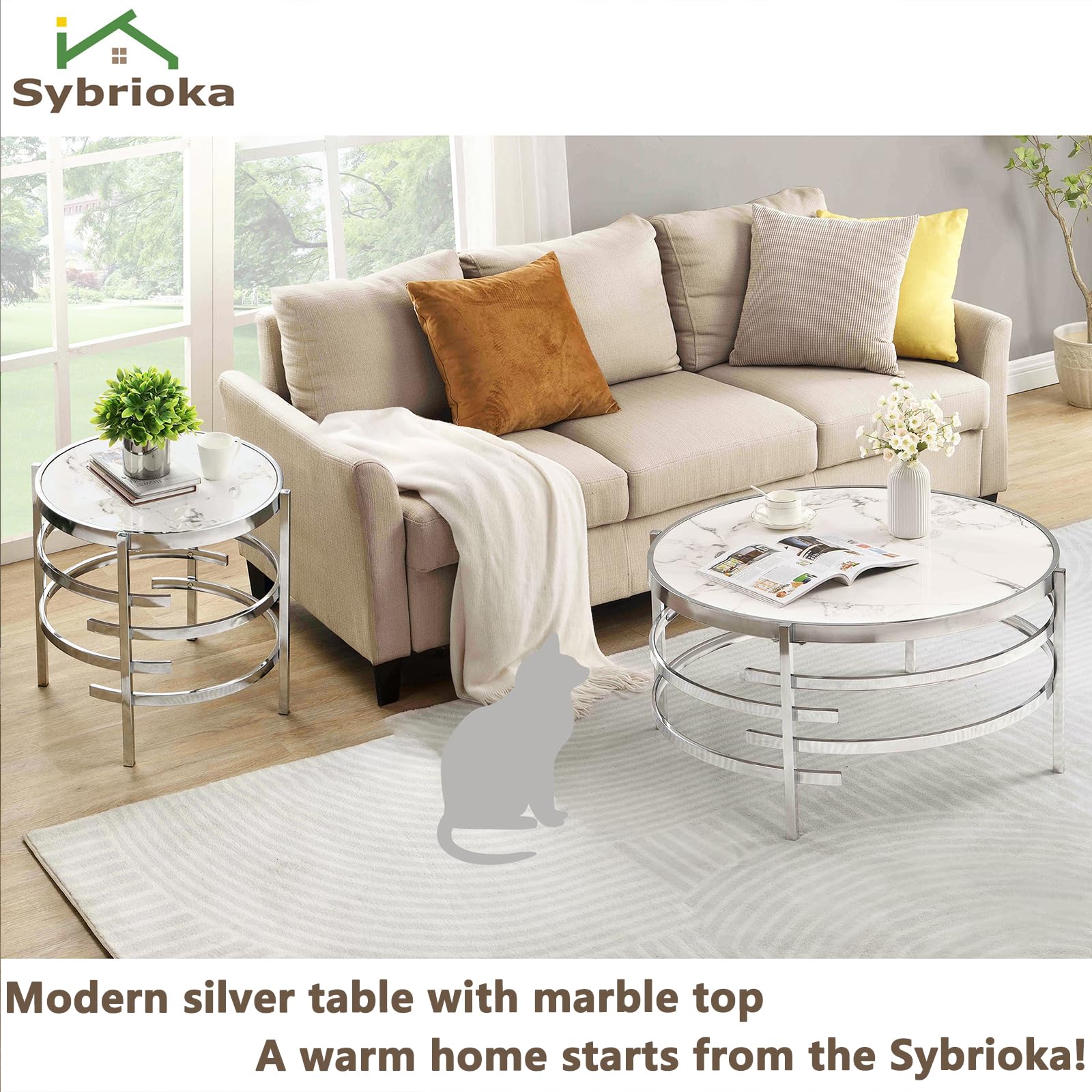 Modern Round Coffee Table & End Table Set of 3 - Silver Chrome Metal Frame with Marble Top - Contemporary Living Room Furniture for Sofa, Lounge & Home Office - Perfect for Small Spaces & Entertaining Guests