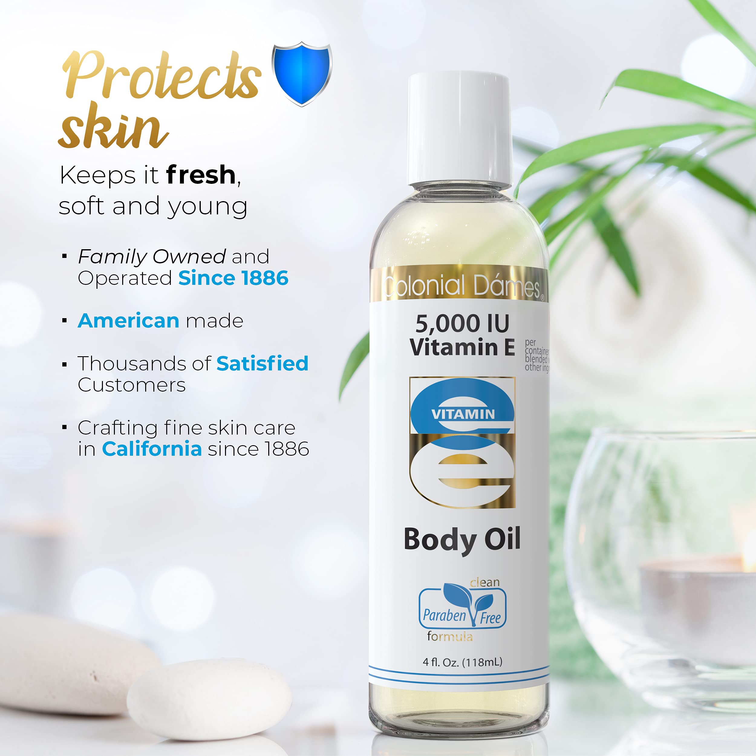 5,000 IU Vitamin E Body Oil for Dry Skin - HPLC Verified, Paraben-Free & Fragrance-Free Moisturizing Oil for Women & Men | 4 fl oz Colonial Dames Body Care | Perfect for Massage, After Shower Hydration & Nighttime Skin Repair