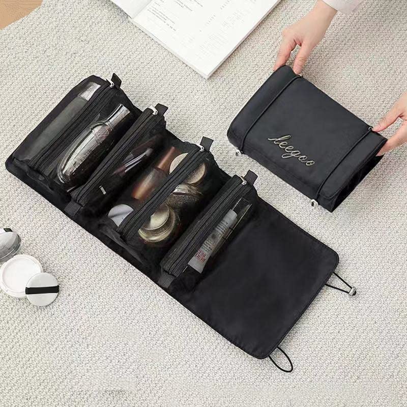 VALAMJI 4-in-1 Detachable Hanging Toiletry Bag - Foldable Travel Makeup Organizer with Removable Dividers, Portable Cosmetic Bag for Women & Girls (Black) - Perfect for Travel, Camping & Gym Essentials