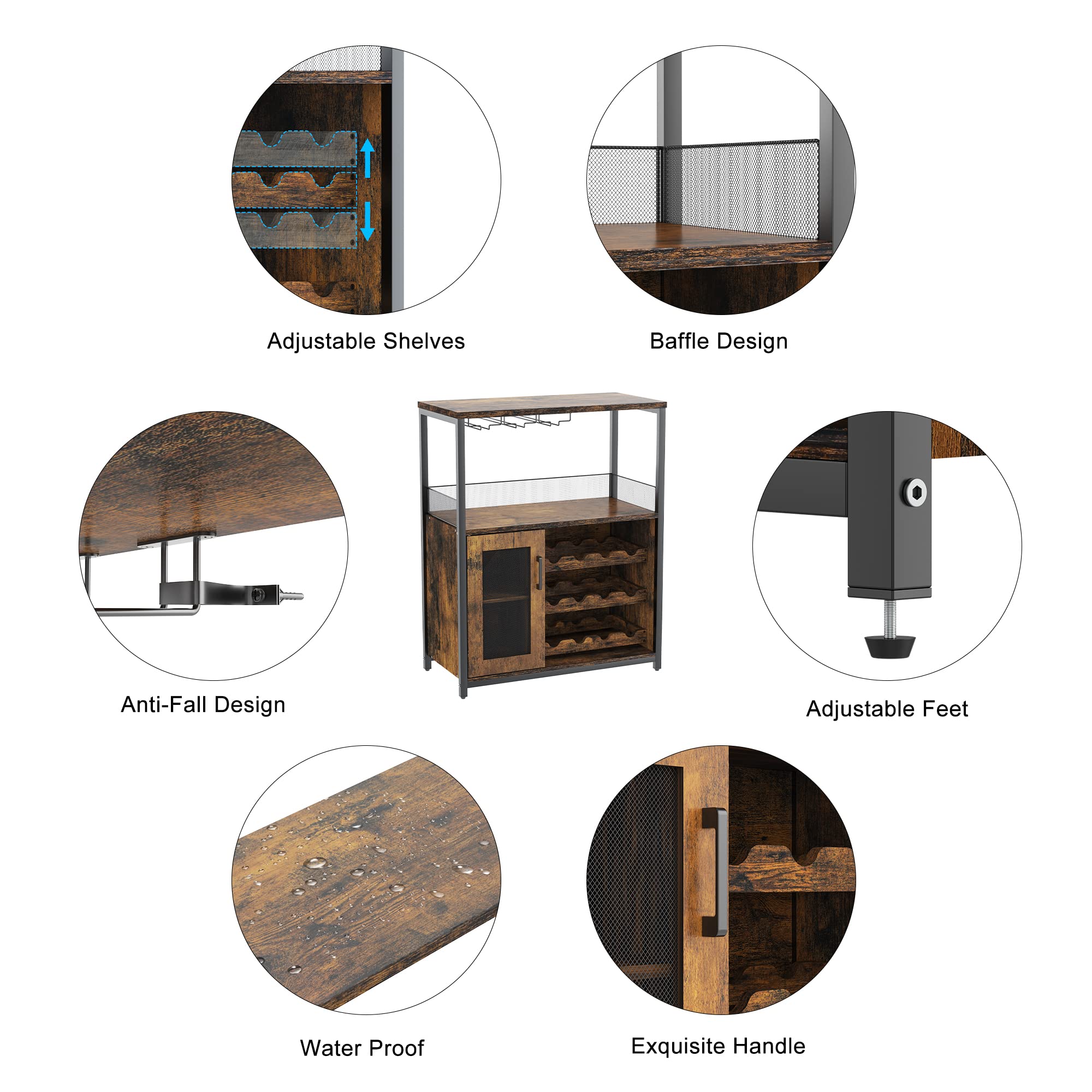 Rustic Brown Wine Bar Cabinet with Detachable Wine Rack - Industrial Coffee Bar Sideboard with Storage | Farmhouse Buffet Cabinet for Kitchen, Dining & Living Room | Perfect for Home Bars, Entertaining & Wine Storage