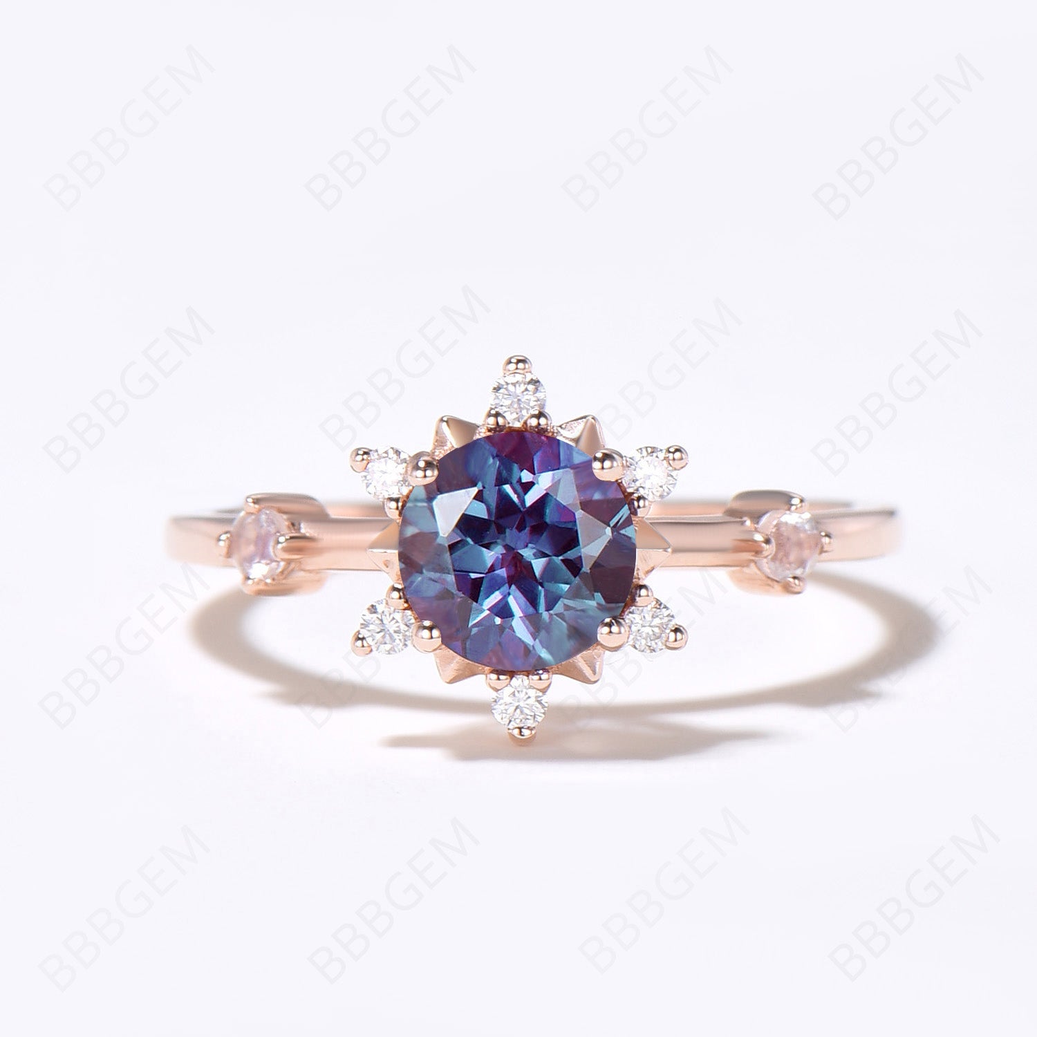 Floral Engagement Ring for Women - Rose Gold Round Alexandrite Halo Wedding Ring with Diamond Accents | Perfect for Proposals, Anniversaries & Bridal Jewelry