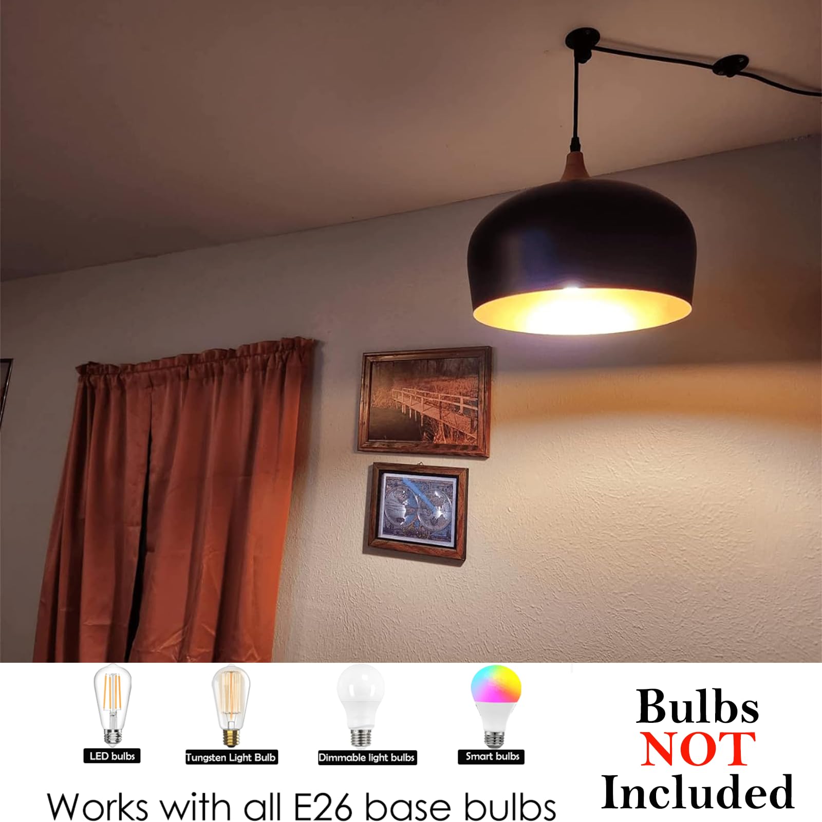 Modern Big Plug-in Pendant Light with 16.4ft Cord & On/Off Switch - Black Wood Grain Hanging Light Fixture for Kitchen Island, Dining Room, Table Lighting - Perfect for Farmhouse, Industrial & Contemporary Home Decor