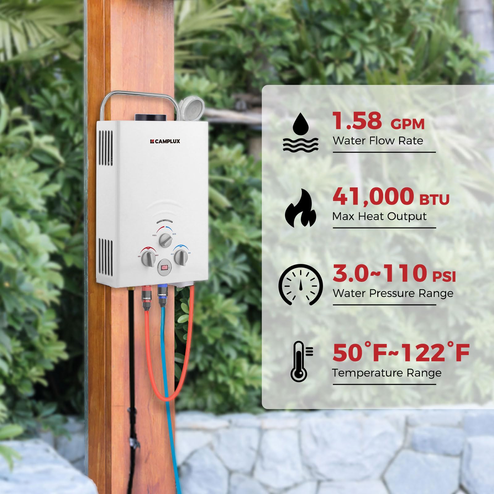 CAMPLUX 1.58 GPM Tankless Propane Water Heater - 41,000 BTU Portable Outdoor Water Heater for Camping, RV, Hunting & Off-Grid Living - Instant Hot Water System (BW158, White)