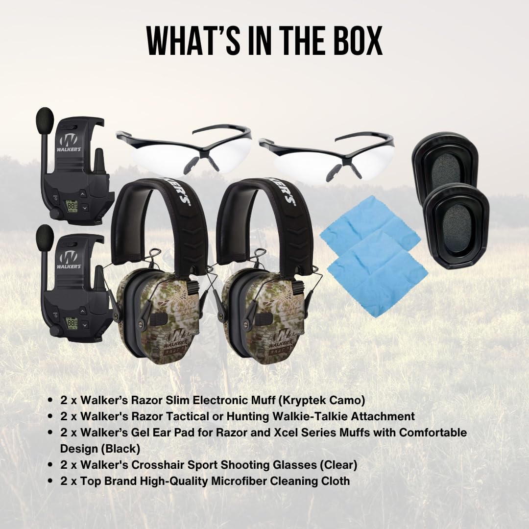Walker's Razor Slim Electronic Shooting Earmuffs 2-Pack - Noise Canceling Hearing Protection with Walkie Talkie & OTG Glasses - Perfect for Hunting, Shooting Range, and Outdoor Activities