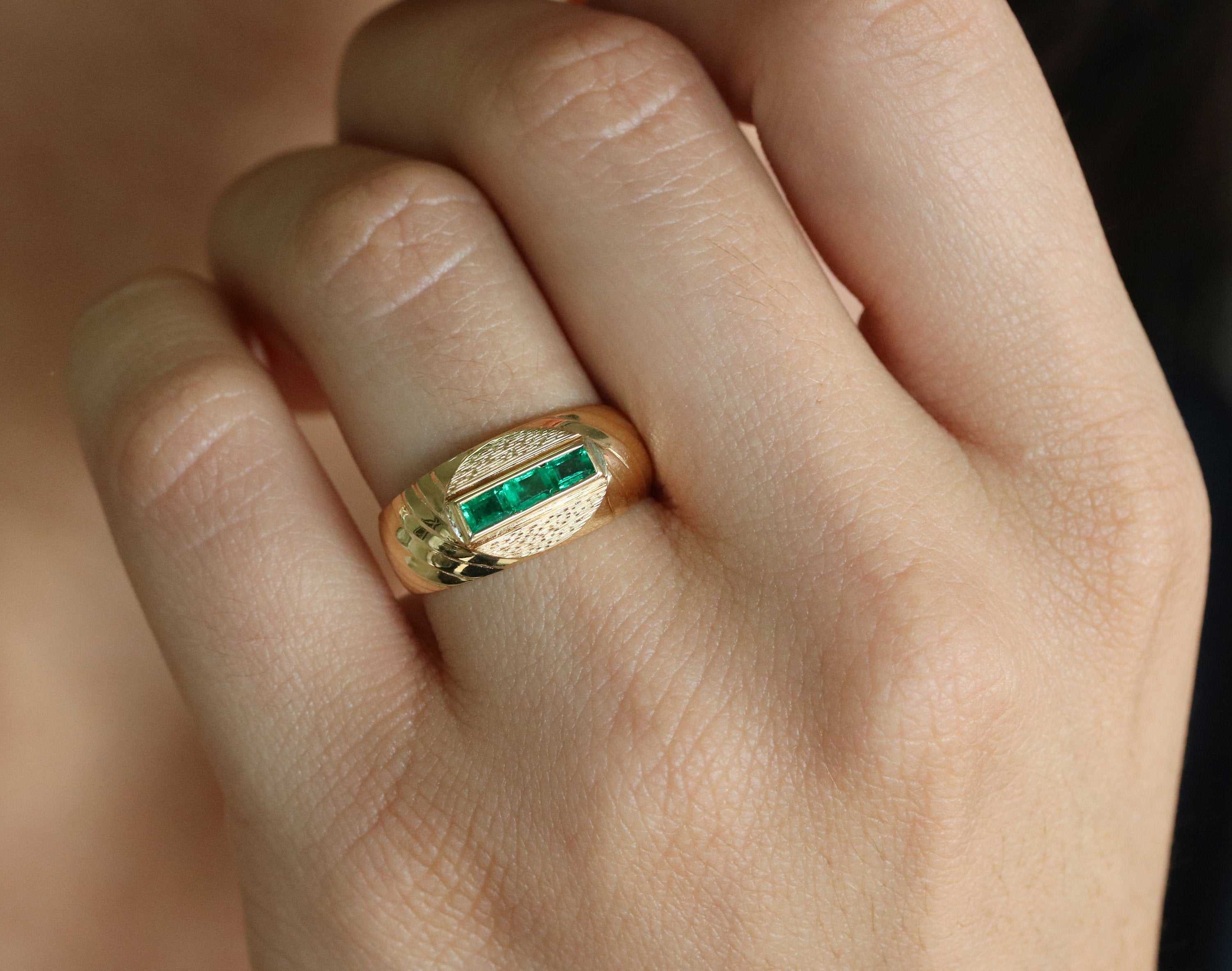 0.60tcw Deep Green Emerald Channel Set 14K Gold Men's Ring - Elegant Wedding Band, Anniversary Gift for Him, Perfect for Formal Occasions & Special Events