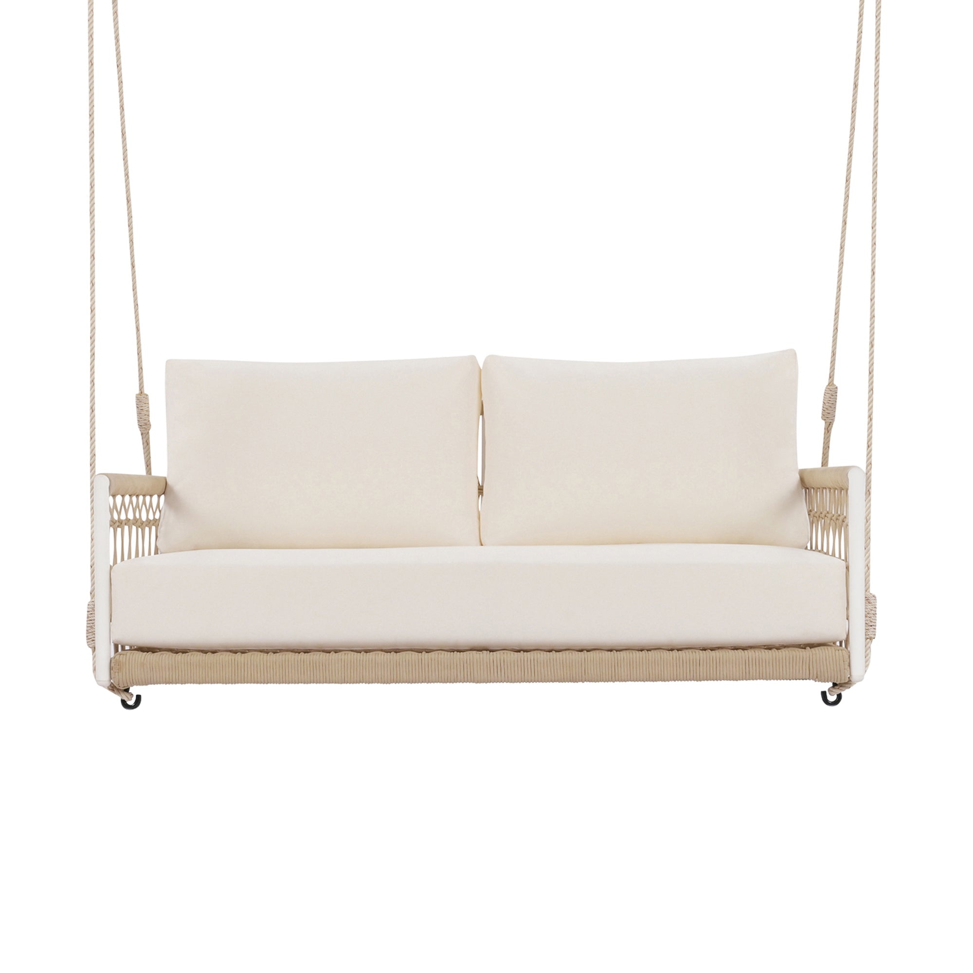 1 Piece Woven Rope Outdoor Swing Sofa with Soft Cushions - Seats 2 People - Perfect for Patio, Garden, Backyard, Balcony & Porch - Weather-Resistant Beige Hanging Chair for Relaxation & Leisure Time