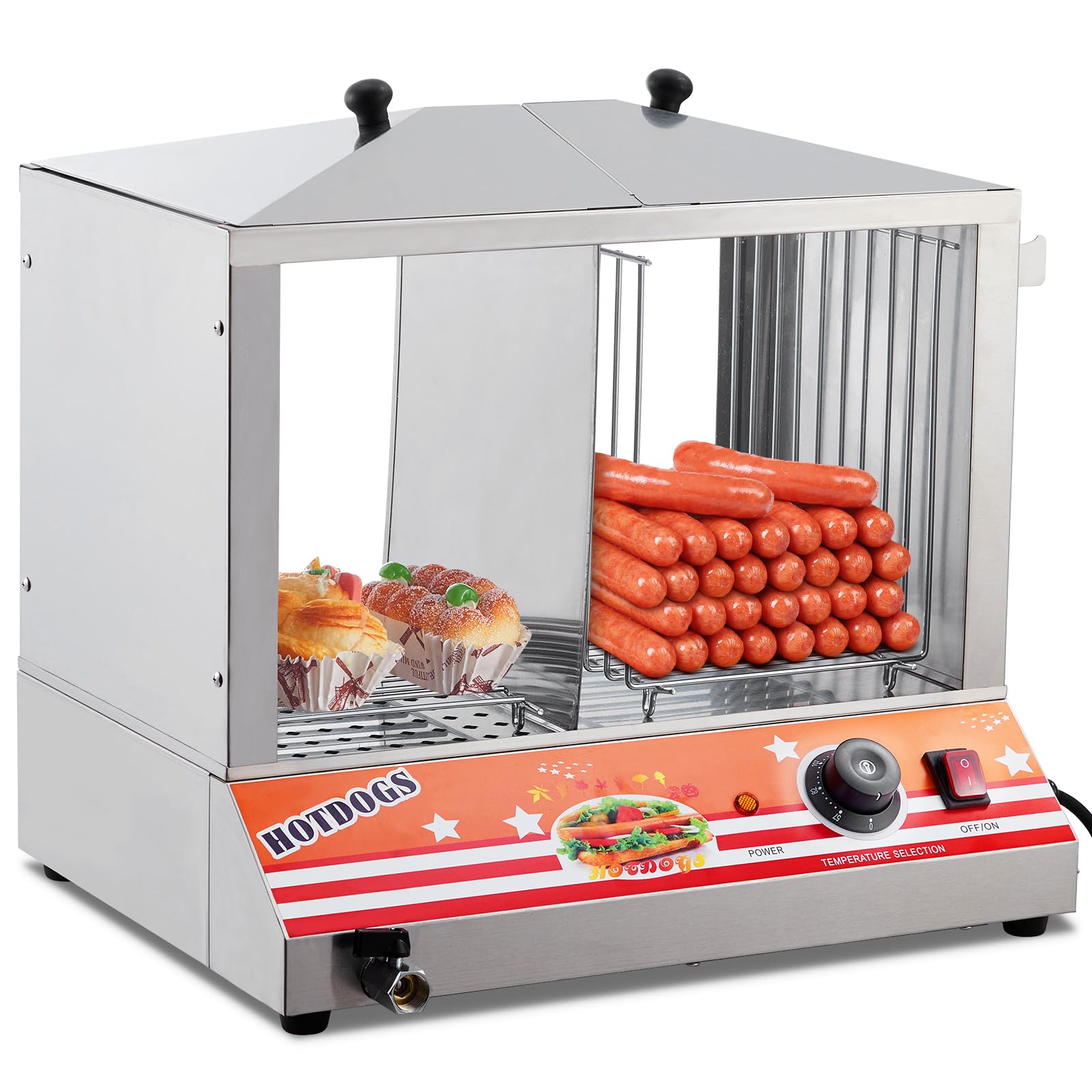 GARVEE 36L Commercial Hot Dog & Bun Steamer - Adjustable Temperature Stainless Steel Food Warmer for Restaurants, Food Trucks & Catering Events