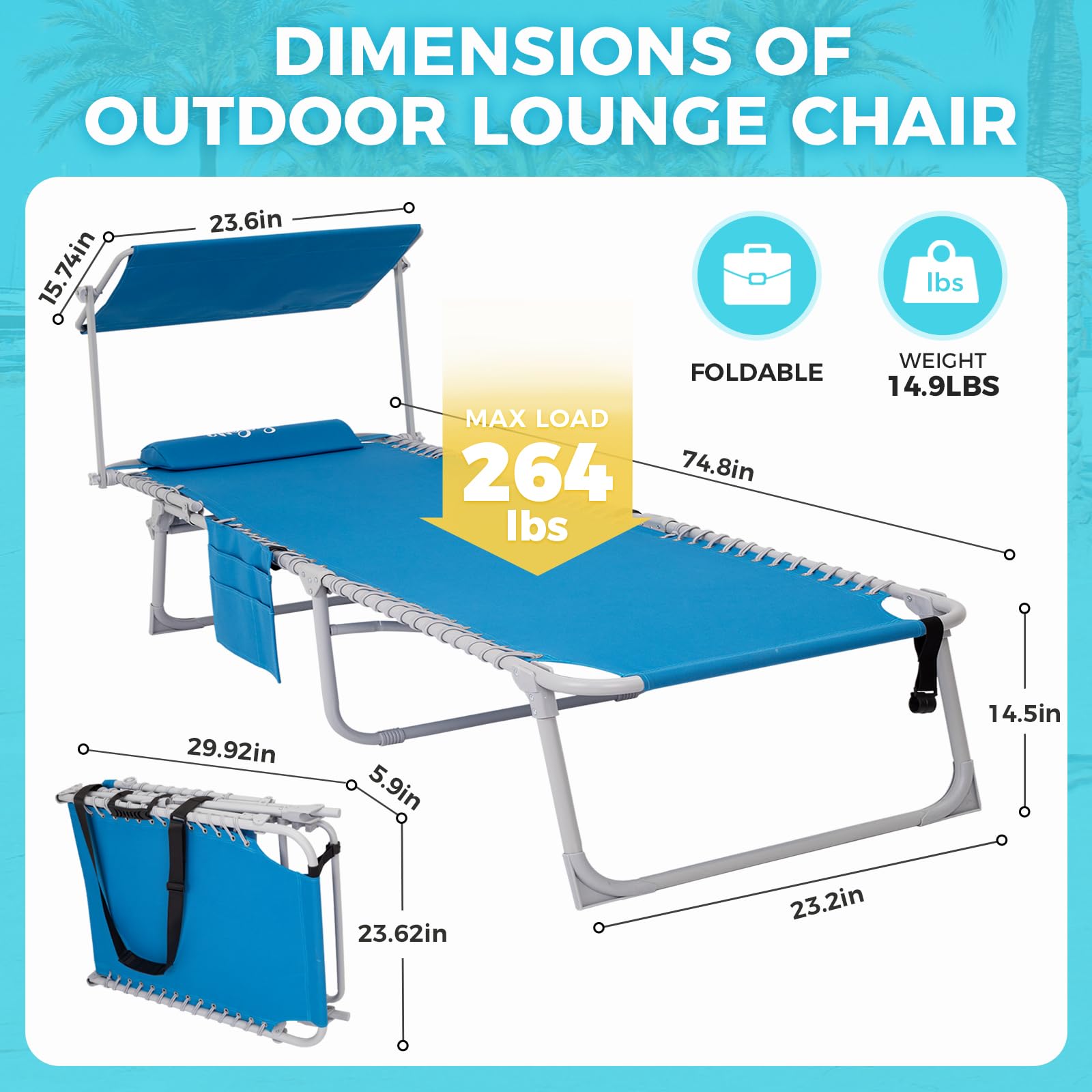 WEJOY Adjustable Folding Chaise Lounge Chair with Canopy Shade & Headrest Pillow - Portable Outdoor Sunbathing Chair for Beach, Pool, Lawn, Camping & Backyard Relaxation | Perfect for Tanning, Lounging & Reading by the Water