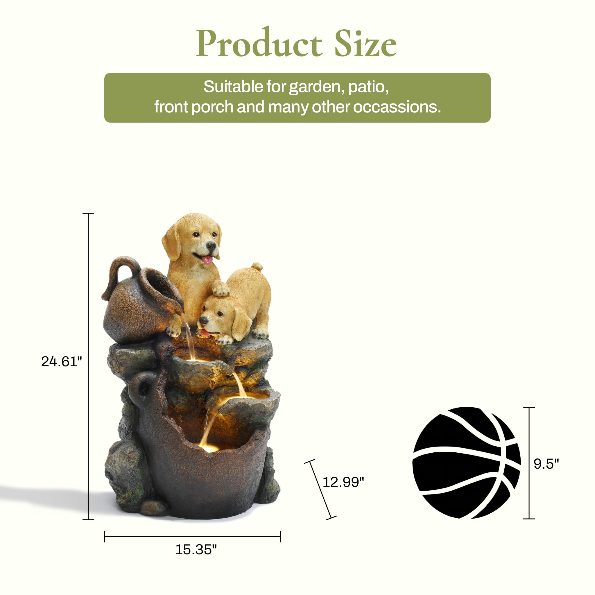 LuxenHome 25 Inch Resin Outdoor Water Fountain with LED Lights - Puppy and Pitchers Pot Design for Farmhouse, Patio, Garden Decor | Indoor/Outdoor Waterfall Feature for Relaxing Ambiance