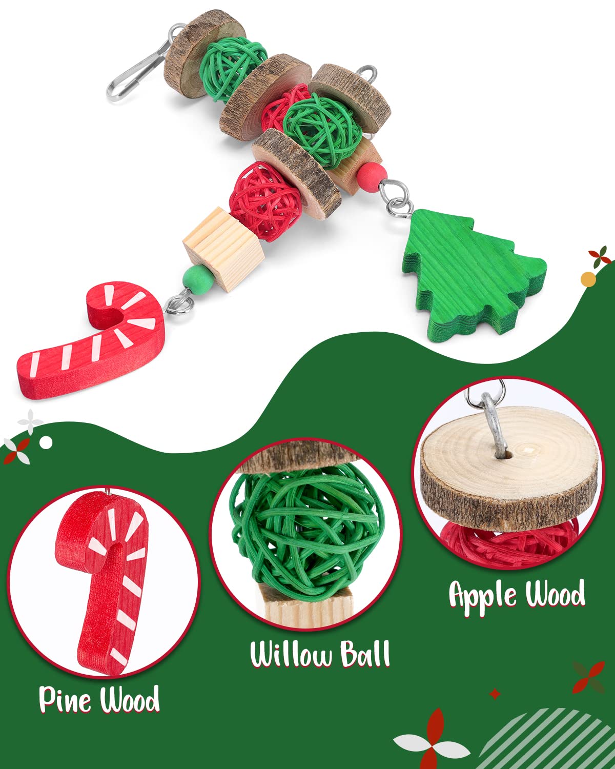 Xylolfsty Christmas Small Pet Toys - 3PCS Guinea Pig, Bunny Rabbit, Hamster & Chinchilla Chew Toys with Candy Cane & Gingerbread Tree Design for Teeth Grinding - Festive Cage Hanging Accessories & Holiday Gifts for Small Animals (Perfect for Christmas Decor & Pet Enrichment)