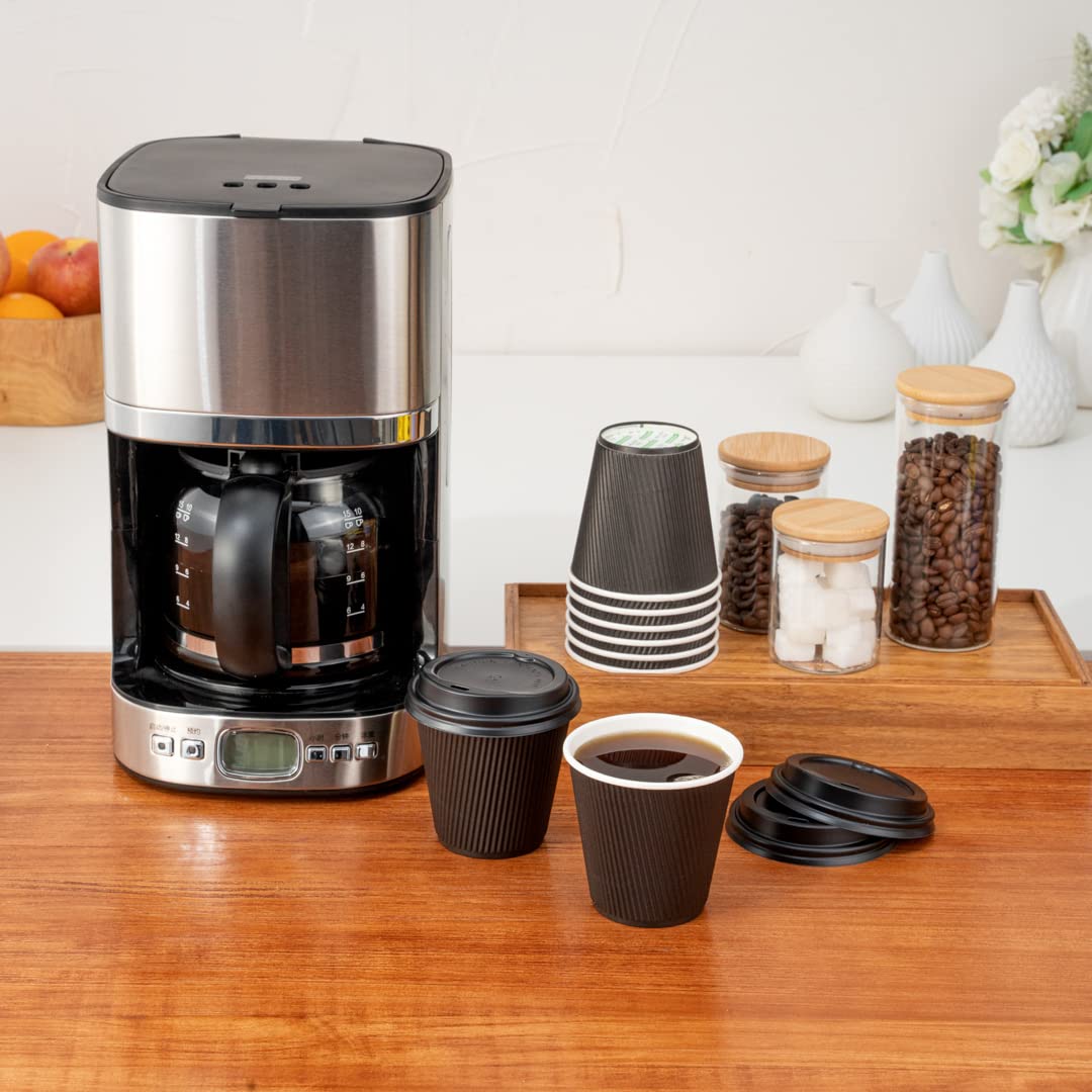 Restaurantware 8oz Insulated Coffee Cups with Lids - 400 Pack Leakproof Ripple Wall Hot Drink Cups | Disposable Black Paper Cups for Coffee, Tea, Hot Chocolate & Lattes | Perfect for Cafes, Offices & Catering Events
