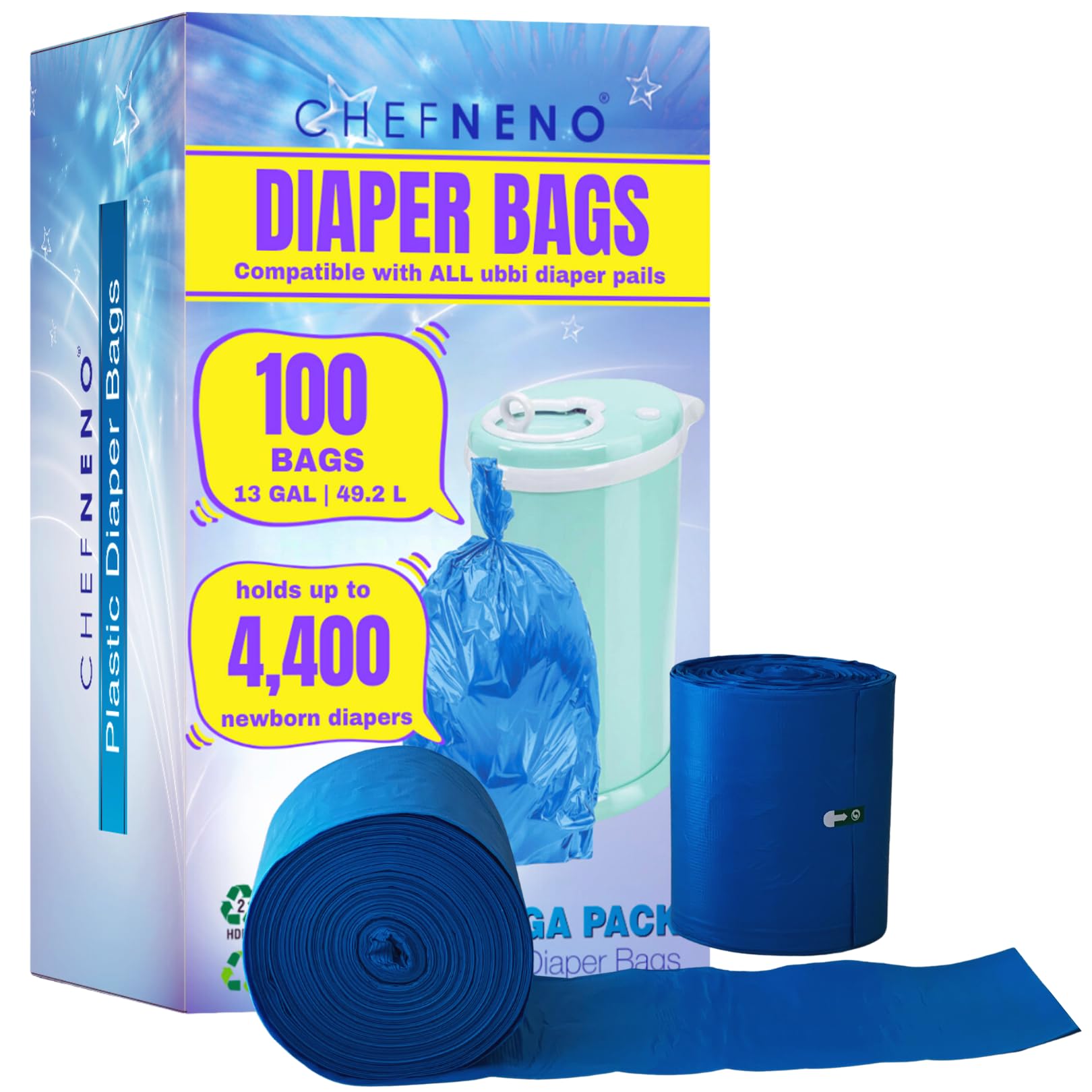 Ubbi Diaper Pail Refill Bags - 100 Count Heavy Duty Disposable Plastic Bags (13 Gallon/8 Gallon Capacity) | Compatible with Diaper Pails & Kitchen Trash Cans | Perfect for Nursery, Baby Room & Household Waste Disposal