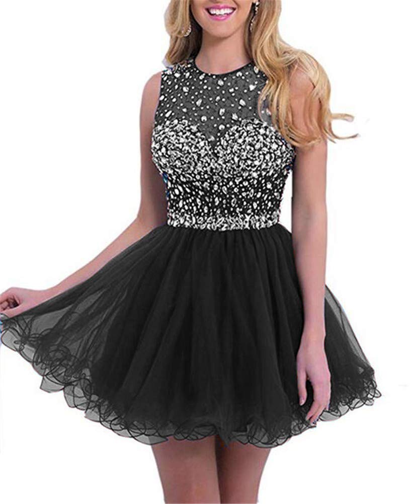 Emanni Women's Short Prom Dresses with Beading & Tulle - Puffy Party Dress for Juniors in Black | Perfect for Homecoming, Prom Night & Special Occasions