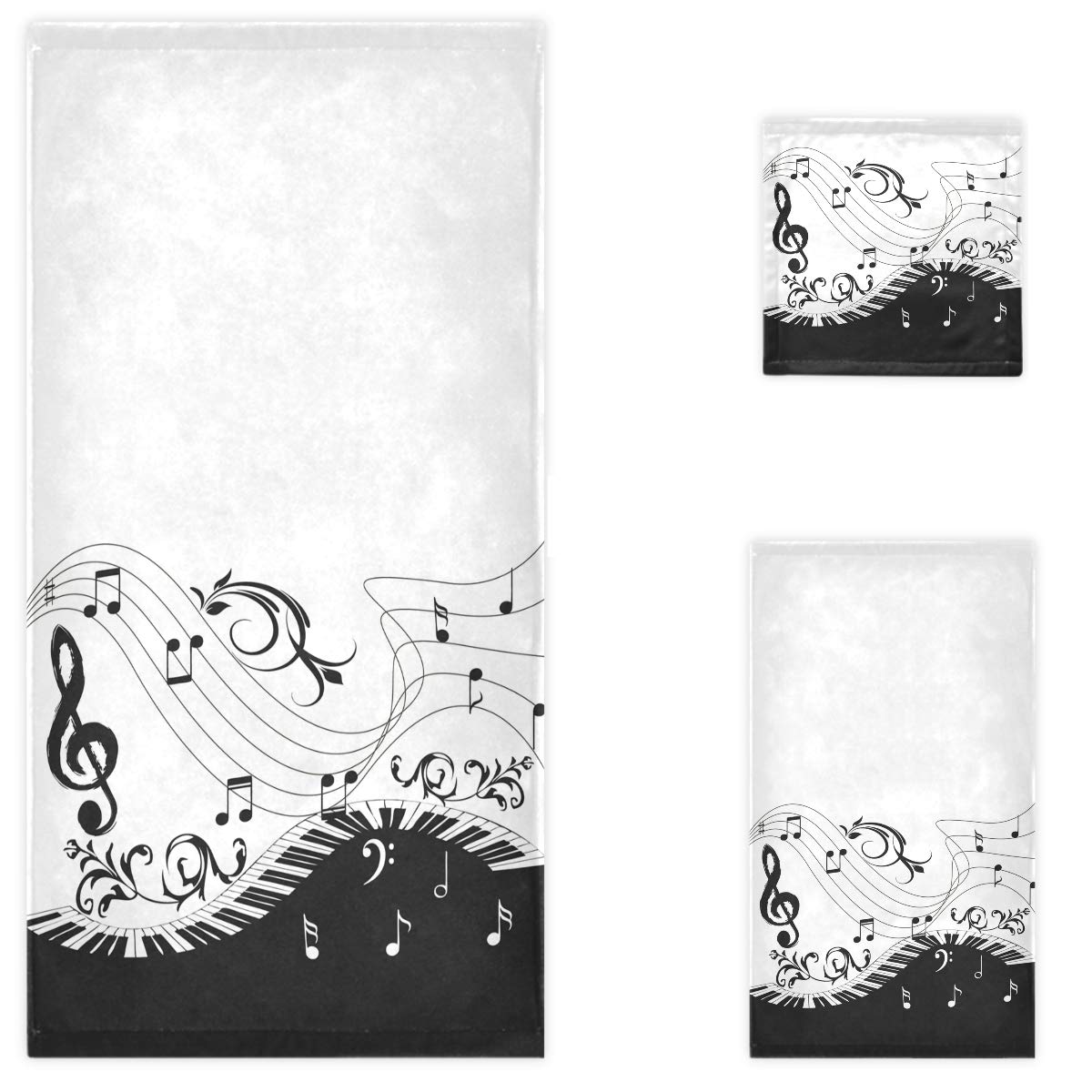 Stylish Music Piano Keyboard Note Pattern 3-Piece Towel Set - 1 Bath Towel, 1 Hand Towel, 1 Washcloth - Soft & Absorbent for Bathroom, Hotel, Gym, Spa, Beach - Perfect for Music Lovers & Home Decor (Black & White)
