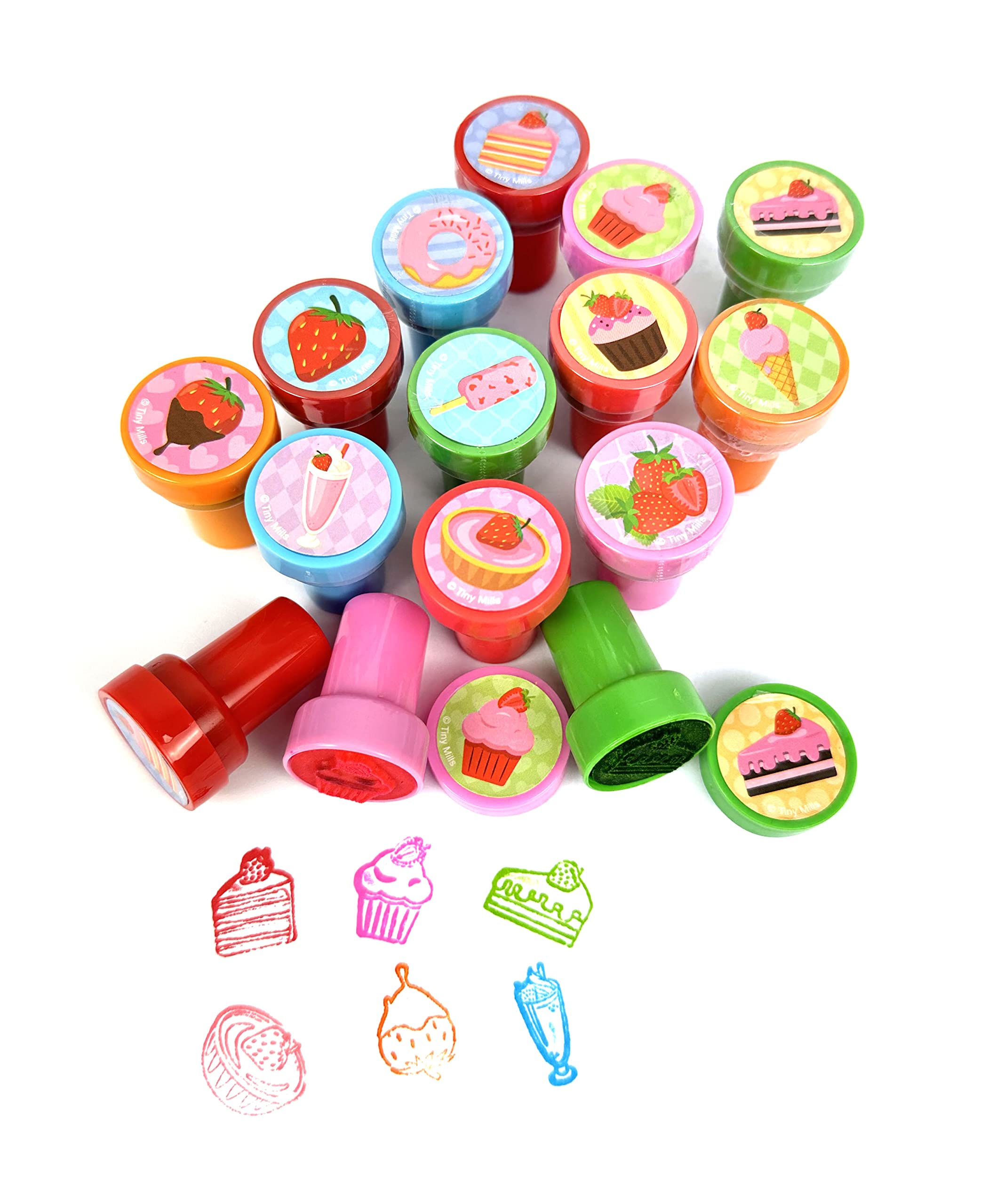 TINYMILLS 24 Pcs Strawberry Themed Self-Inking Stamps for Kids - 12 Cute Designs, Party Favors, Goody Bag Fillers, Carnival & Farm Party Supplies - Perfect for DIY Crafts, Scrapbooking & Classroom Activities