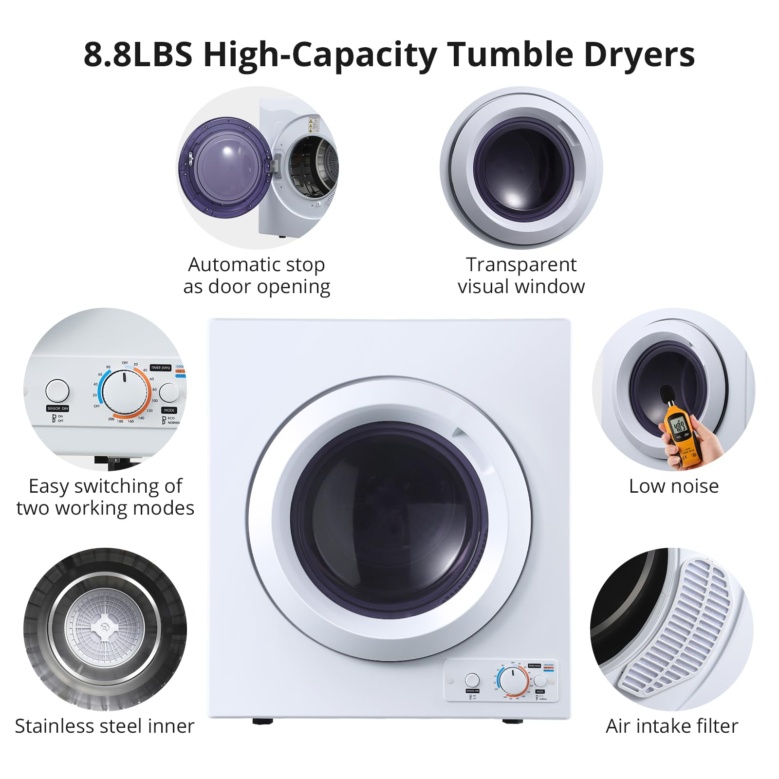 2.65 cu. ft. Compact 1400W Front Load Electric Clothes Dryer with Stainless Steel Tub & Easy Control Knob - Portable Laundry Machine for Apartments, Dorms & RVs (110V) - Perfect for Small Spaces & Quick Drying