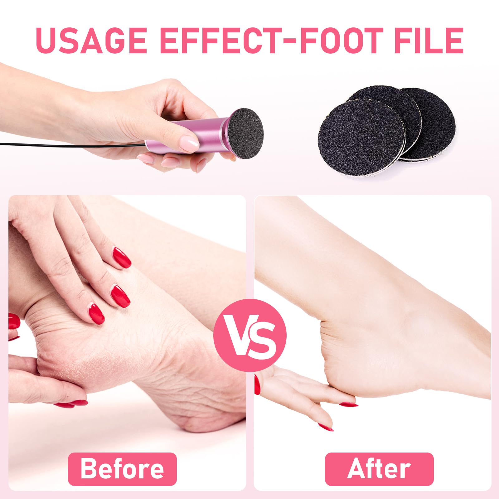Electric Callus Remover for Feet - Adjustable Speed 0-800 RPM, Rechargeable Foot File with 70 Replacement Sandpaper Discs, Professional Pedicure Tool for Dead Cracked Skin & Calluses Removal - Perfect for Home Spa, Salon & Travel (Pink)