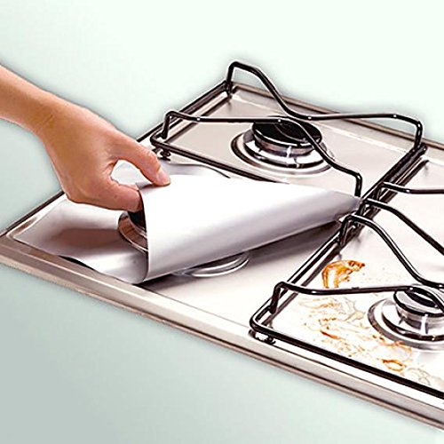 4-Pack Reusable Square Gas Hob Protector Liners - Silver Foil Stove Burner Cover Mats for Easy Cleaning & Cooktop Protection | Ideal for Kitchen Safety & Gas Stove Maintenance