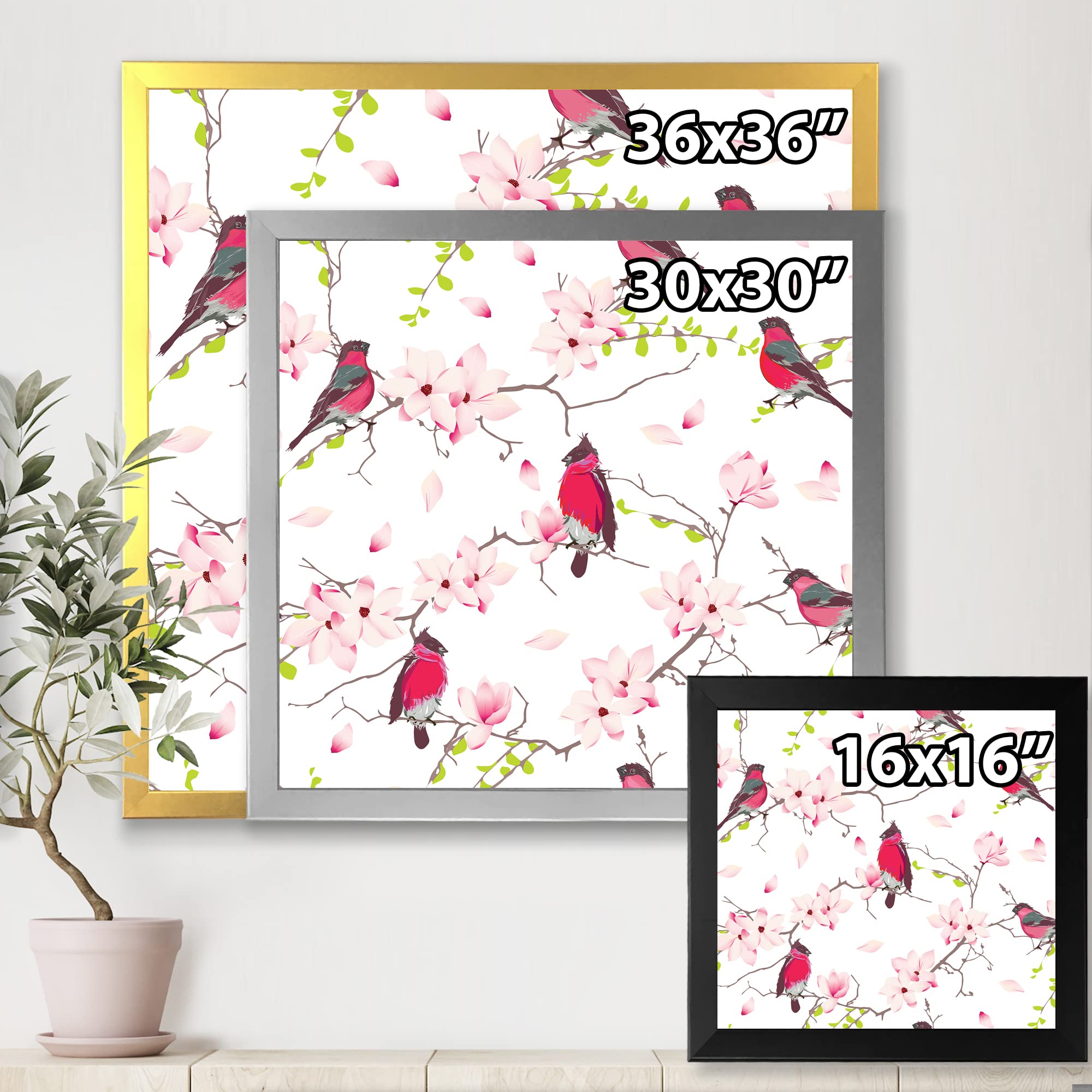 DesignQ Red Bullfinches on Magnolia Tree Framed Wall Art Painting - Traditional Home Decor for Living Room, Bedroom & Office
