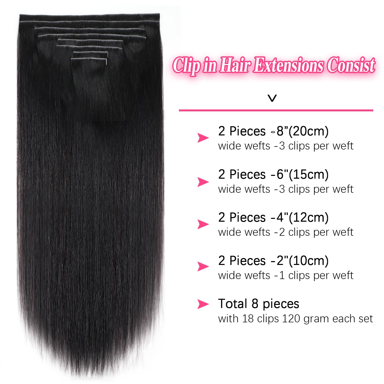 Brazilian Human Hair Clip-In Extensions 24 Inch - 8pcs 120g Set with 18 Invisible Clips for Women | Natural Color, Seamless Blend for Volume & Length | Perfect for Weddings, Parties & Daily Styling
