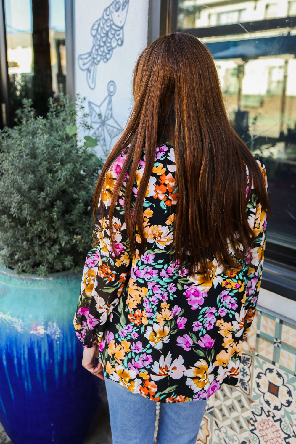 Boho Floral Print Long Sleeve Blouse - Women's Notch Neck Tie Front Tunic Top for Casual Outings, Date Nights & Spring Fashion | Plus Size Options Available