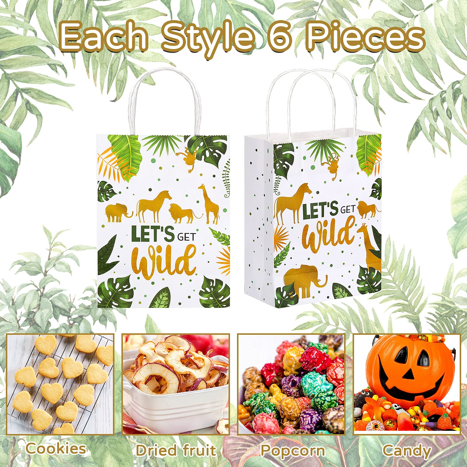 12-Piece Jungle Animal Treat Bags - Safari Theme Party Favors with Handles for Candy & Goodies | Green & Gold Baby Shower, Wedding, Birthday Party Decorations | Perfect for Jungle-Themed Events, Kids Parties & Special Occasions