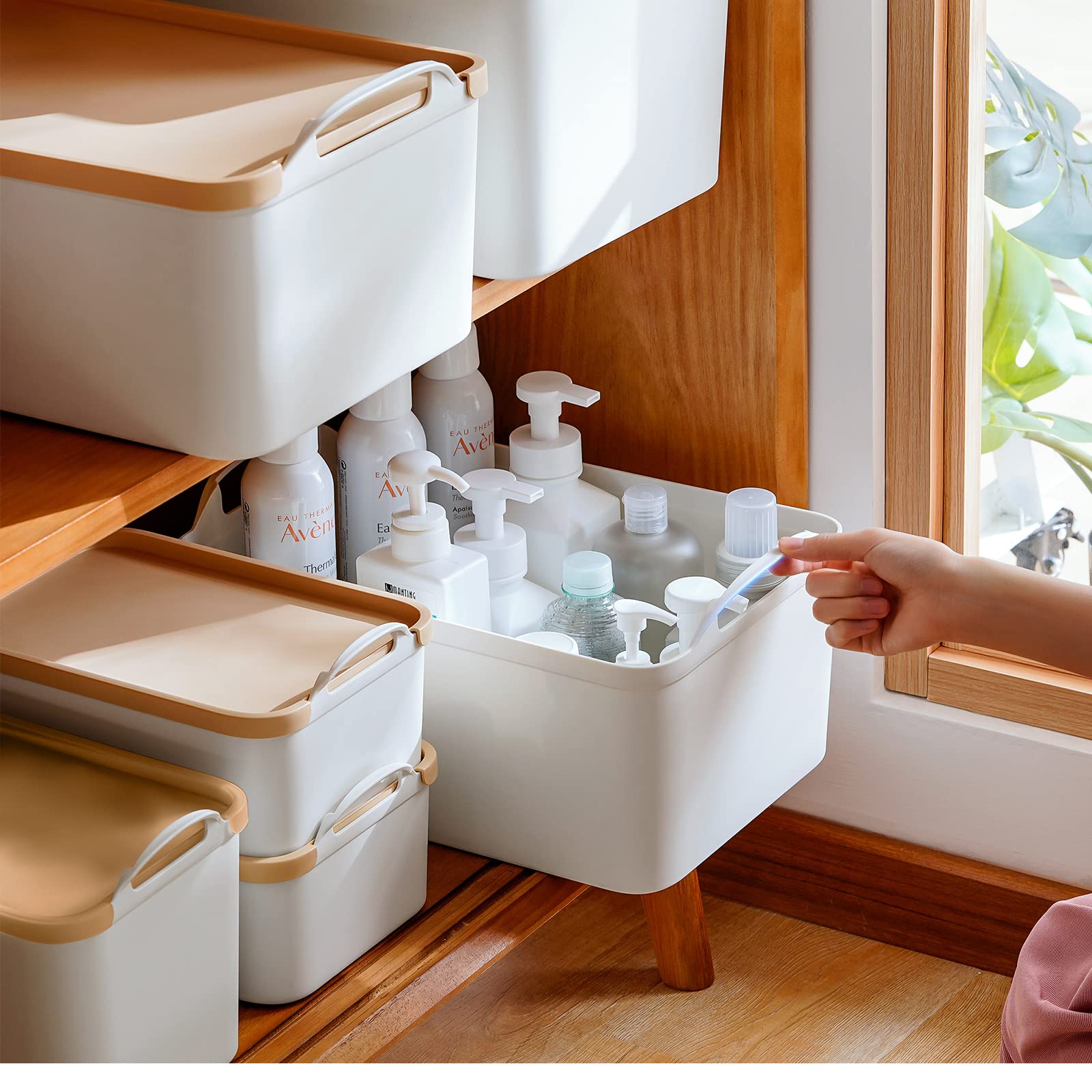 ANMINY 8-Piece Plastic Storage Bins with Lids - Large White Organizing Containers for Home & Office - Stackable Storage Boxes for Closet, Shelves, Drawers & Desktop (Wheat Lids) - Perfect for Pantry, Bathroom & Kids Room Organization