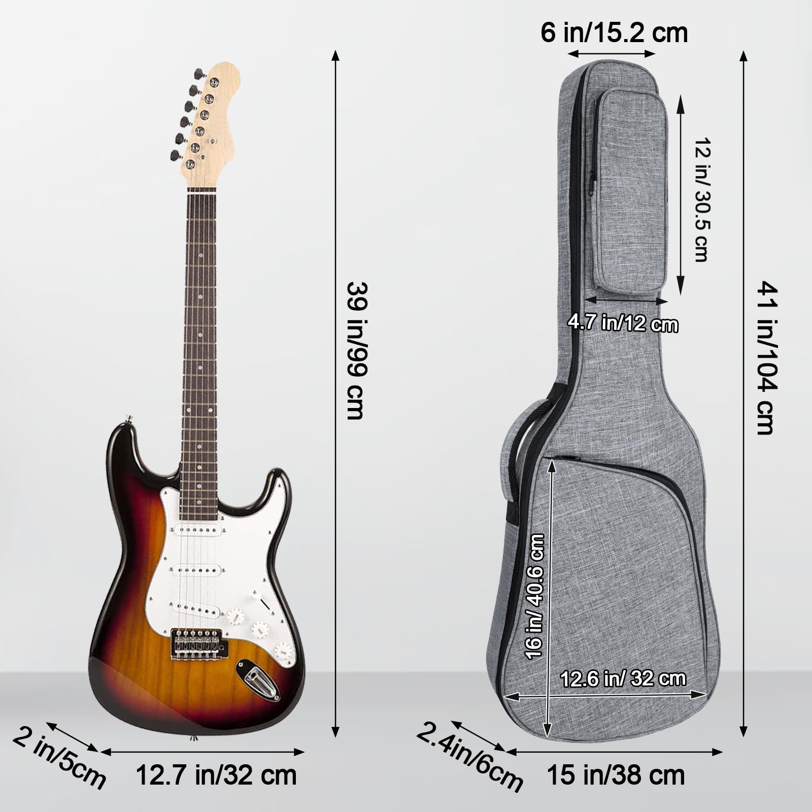 39 Inch Electric Guitar Gig Bag - 11MM Thick Padded Waterproof Soft Case with Storage Pockets | Perfect for Travel, Gigging & Band Practice (Grey)