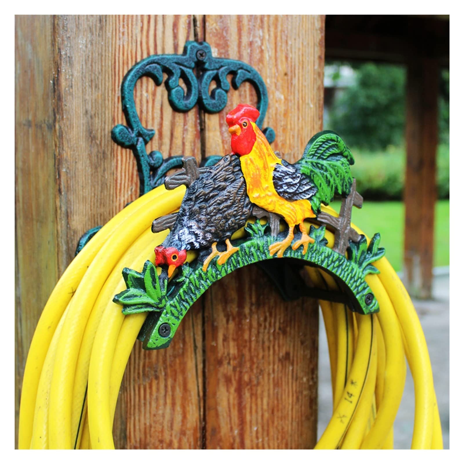 SRNSAEB Heavy Duty Metal Cock Shape Water Hose Holder Hanger - Wall Mounted Garden Hose Reel Storage Butler for Outdoor Yard, Lawn & Garden Care - Perfect for Organizing Water Hoses in Backyards, Patios and Greenhouses