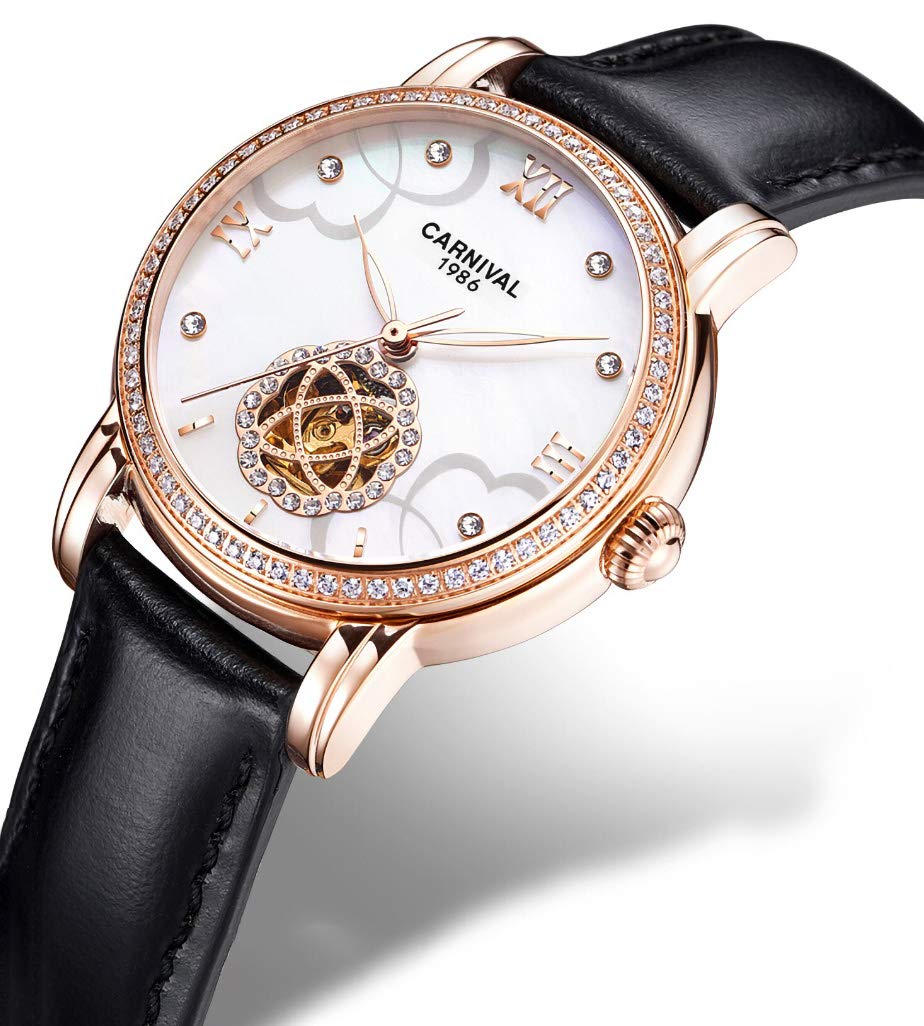 Elegant Mother of Pearl Dial Women's Mechanical Watch with Genuine Leather Band - Perfect for Business, Party & Everyday Wear