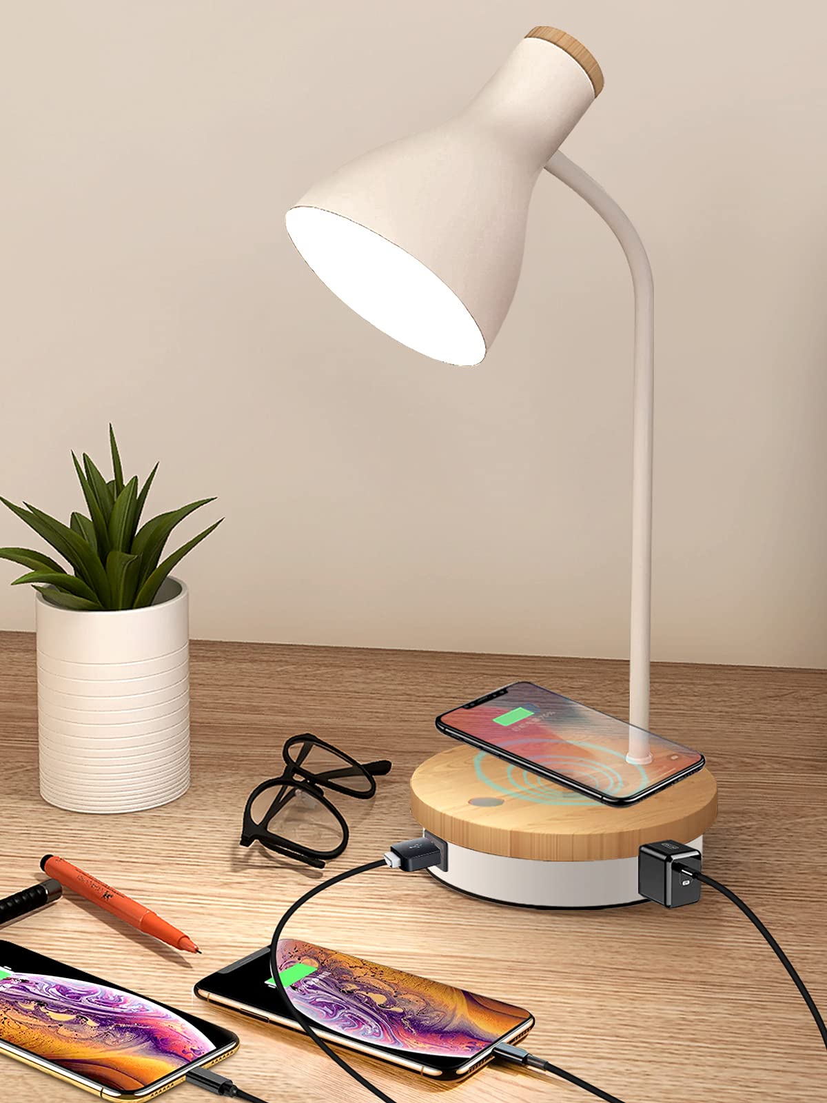 Wireless Charging Metal Desk Lamp - 3-Way Dimmable Touch Control LED Reading Light with USB Ports for Bedroom, Study, Office | Modern Arc Design for Nightstand & Workspace (White)