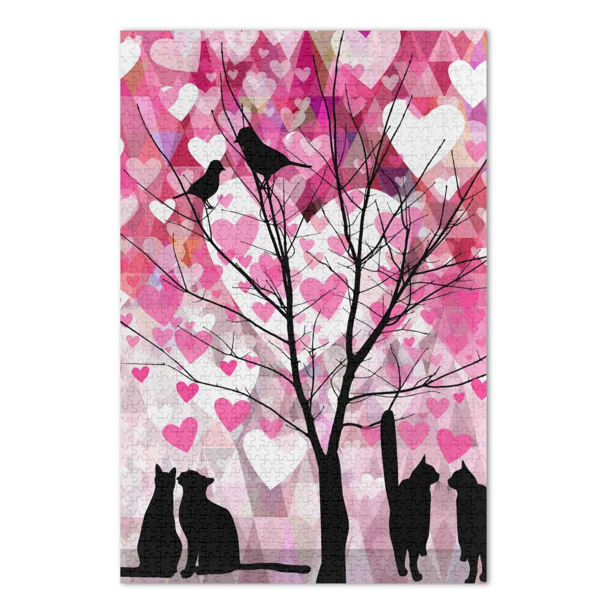 500 Piece Valentine's Day Heart Tree Puzzle - Cat & Bird Themed Jigsaw for Adults & Kids - Family Cardboard Challenge - Perfect for Romantic Gifts, Home Decor & Puzzle Nights