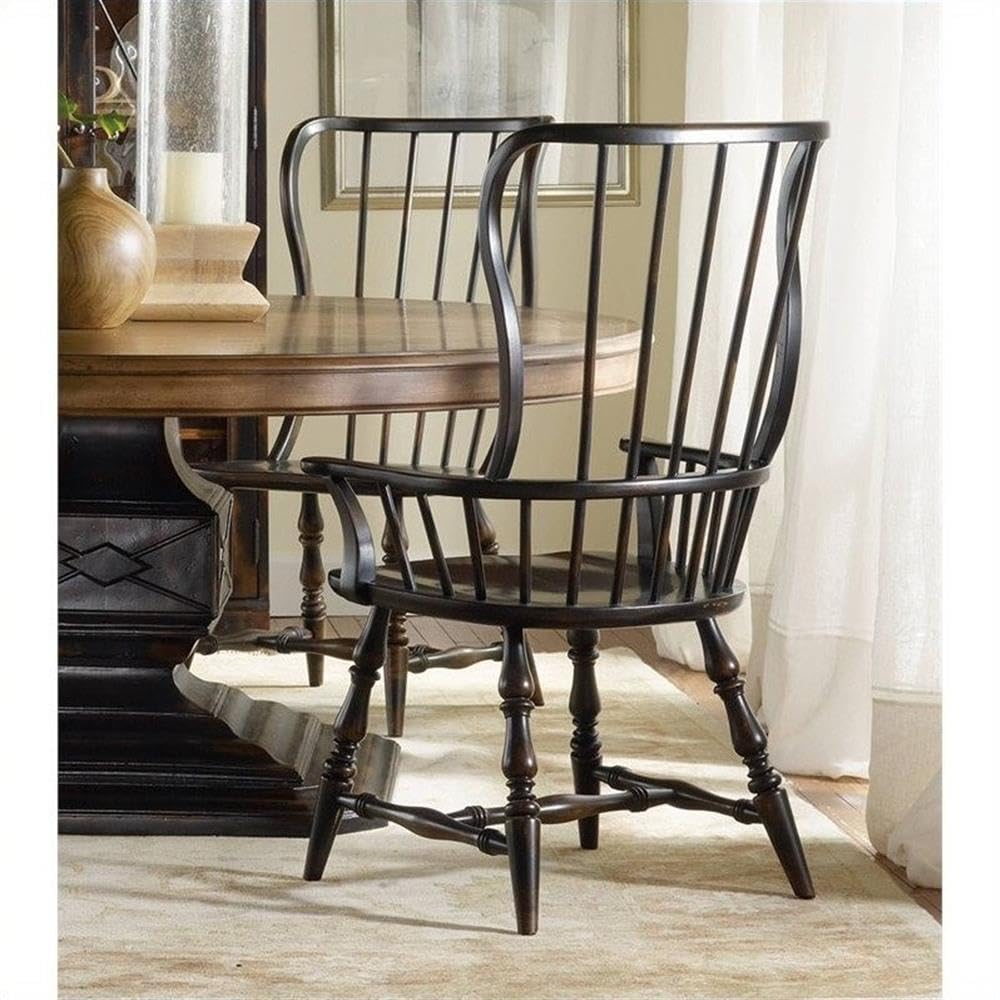 Hooker Furniture Sanctuary Spindle Dining Arm Chair Set of 2 - Ebony Finish Solid Wood Dining Chairs for Kitchen, Dining Room & Breakfast Nook - Comfortable & Stylish Seating Solution