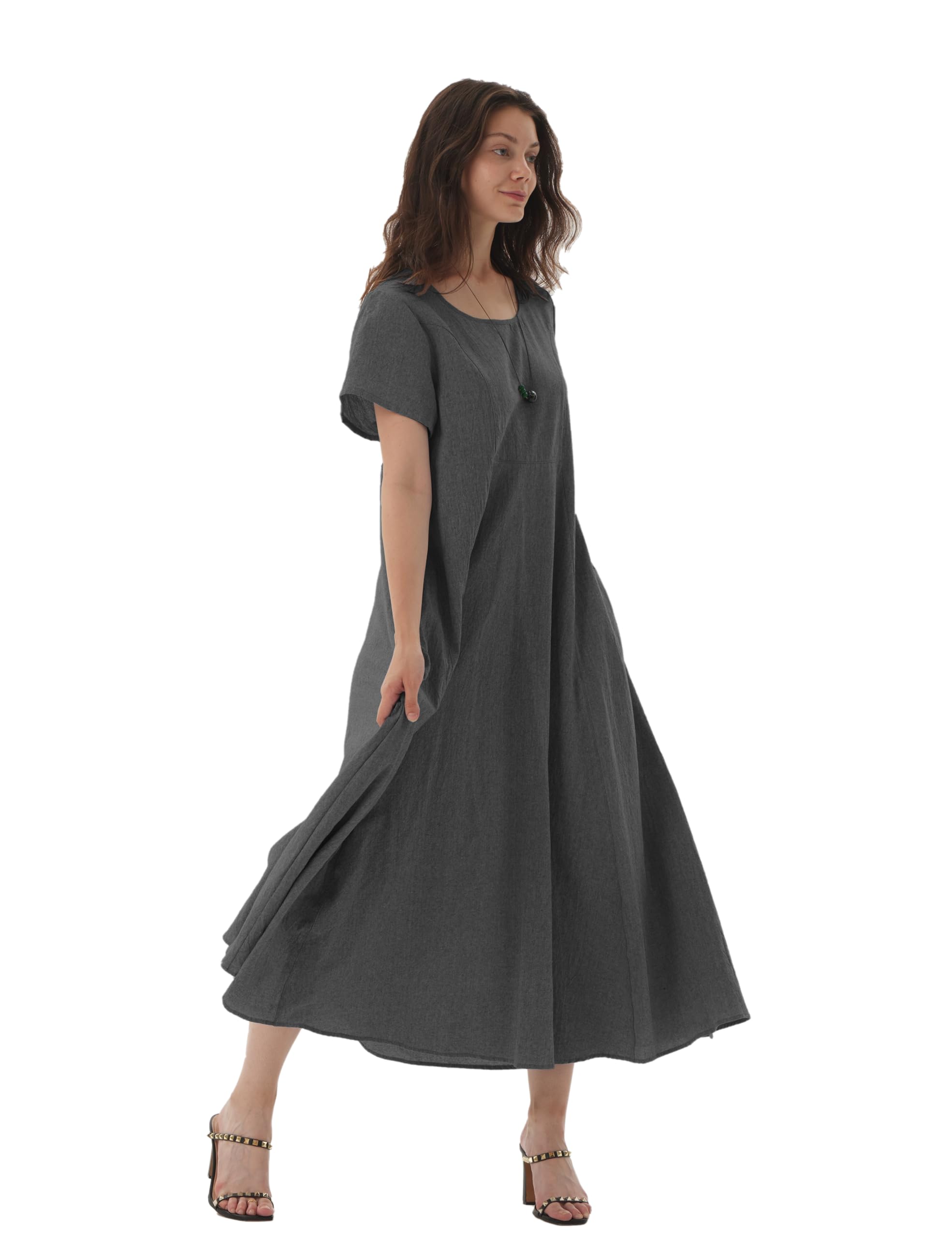 Women's Summer Linen Maxi Dress - Short Sleeve Boat Neck Casual Fashion Dress (S, Black Gray) | Perfect for Beach Vacations, Brunch Dates & Summer Outings