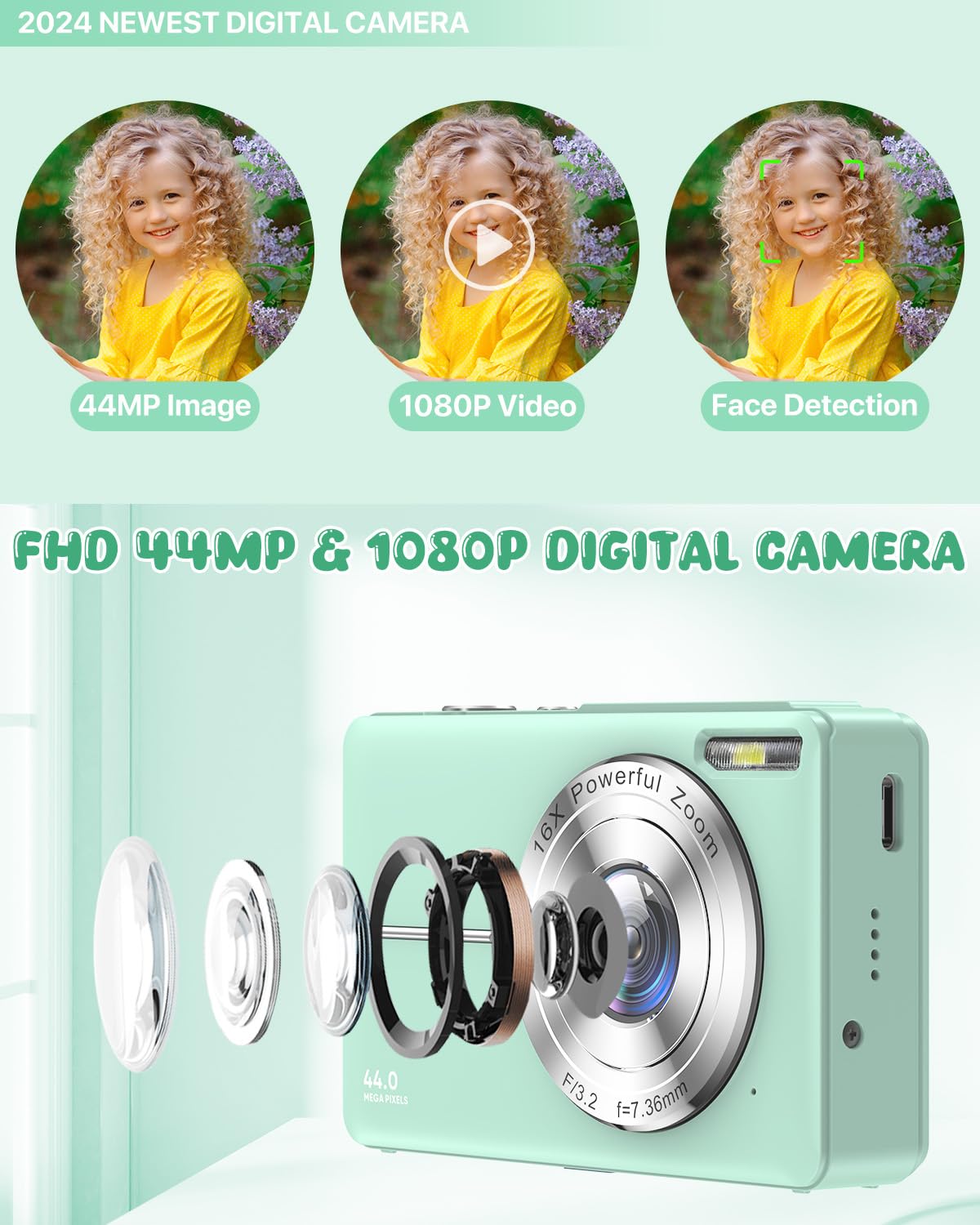 **44MP 1080P FHD Digital Camera for Kids & Beginners - Rechargeable, 16X Zoom, Compact (Green) - Perfect for Travel, School, Birthday Gifts & Photography Learning**