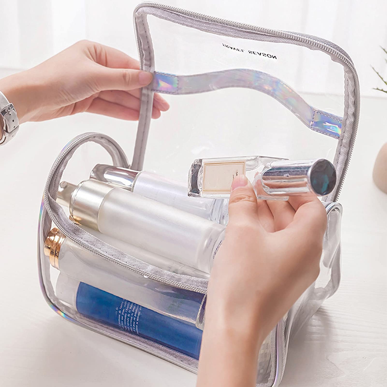 Transparent PVC Travel Toiletry Bag with Handle - Waterproof Makeup Organizer for Cosmetics, Bottles & Bathroom Essentials - Perfect for Air Travel, Gym & Home Organization (Black)